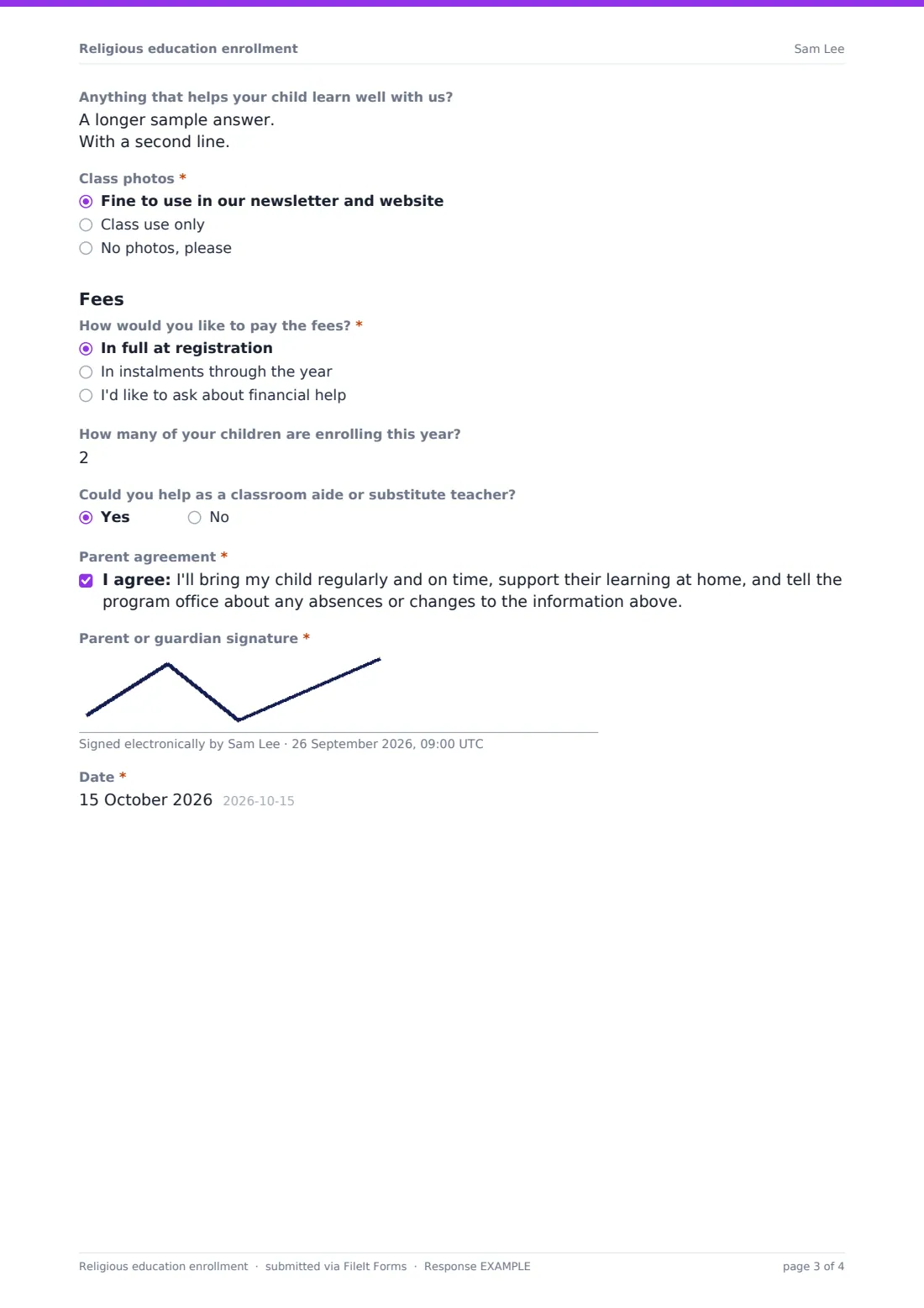 Religious education enrollment — example response PDF, page 3 of 4