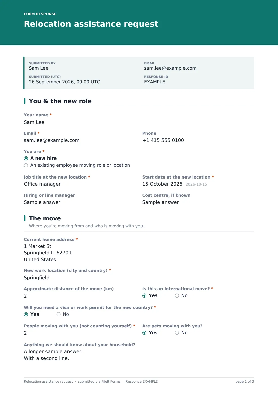 Relocation assistance request — example response PDF, page 1 of 3