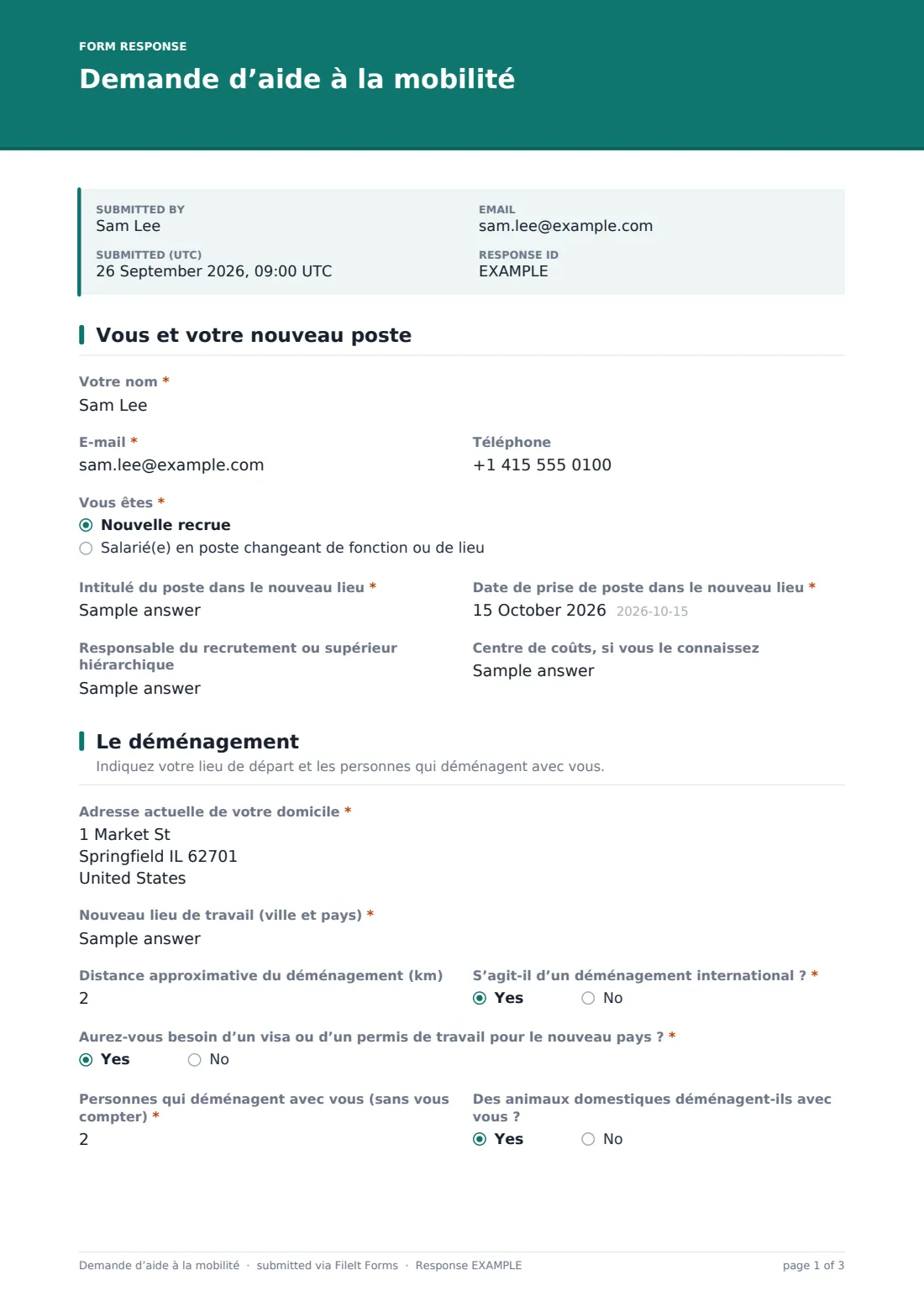 Demande d’aide à la mobilité — exemple de réponse au format PDF, page 1 sur 3