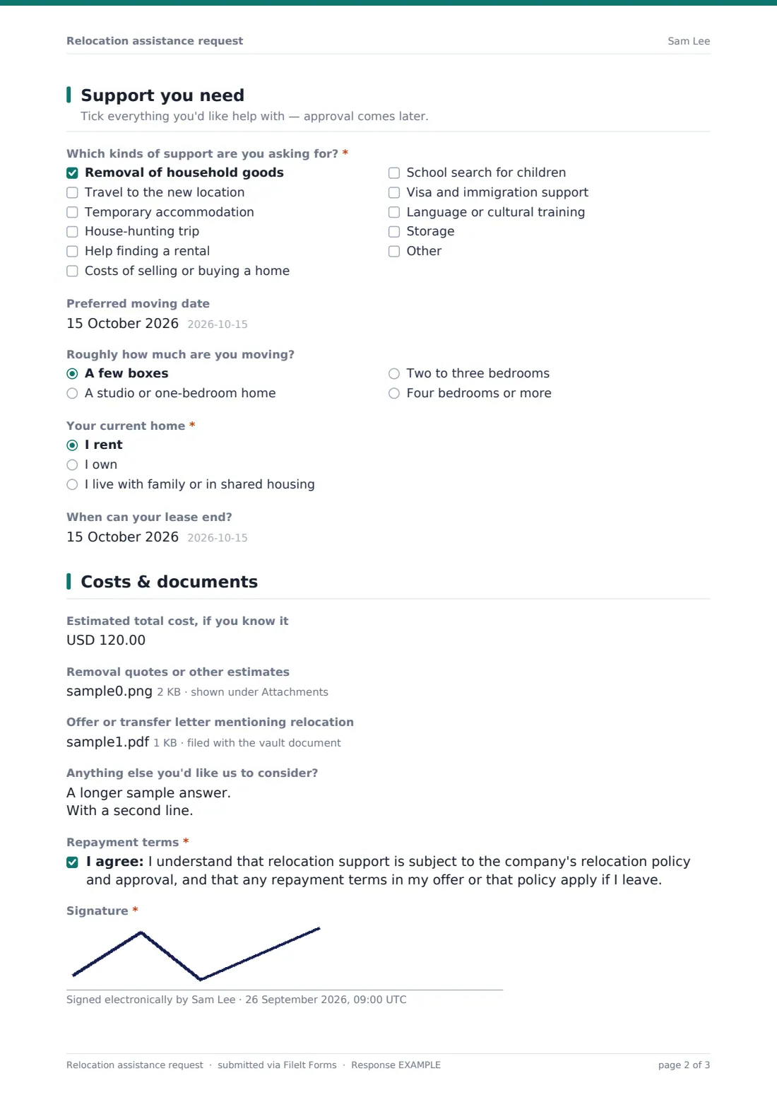 Relocation assistance request — example response PDF, page 2 of 3