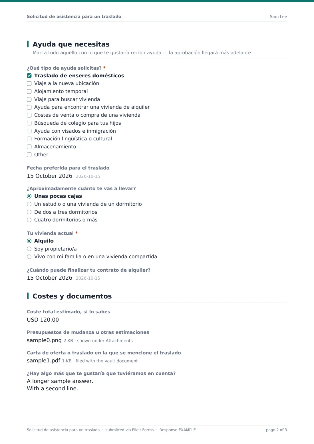 Solicitud de asistencia para un traslado — PDF de respuesta de ejemplo, página 2 de 3