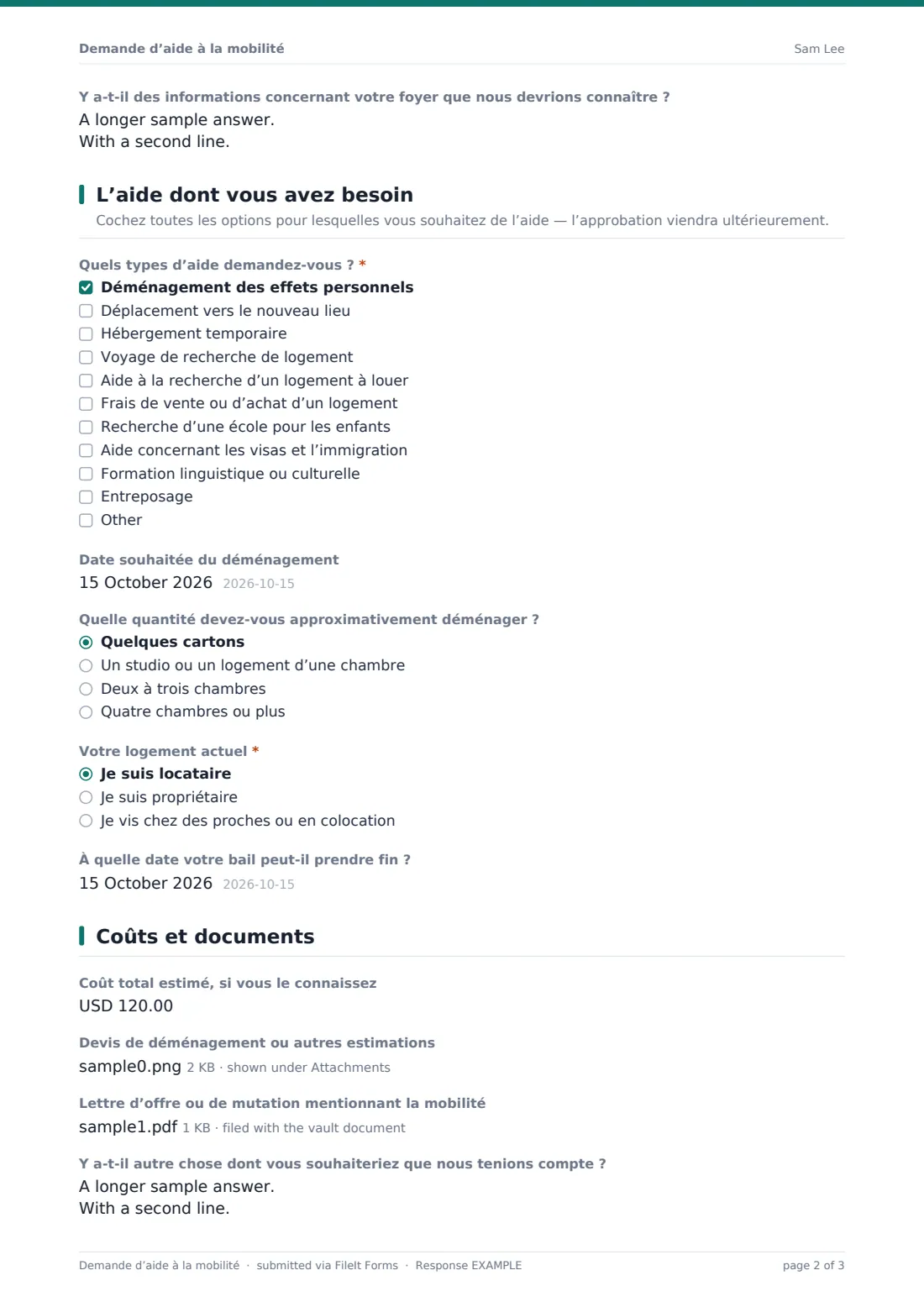 Demande d’aide à la mobilité — exemple de réponse au format PDF, page 2 sur 3