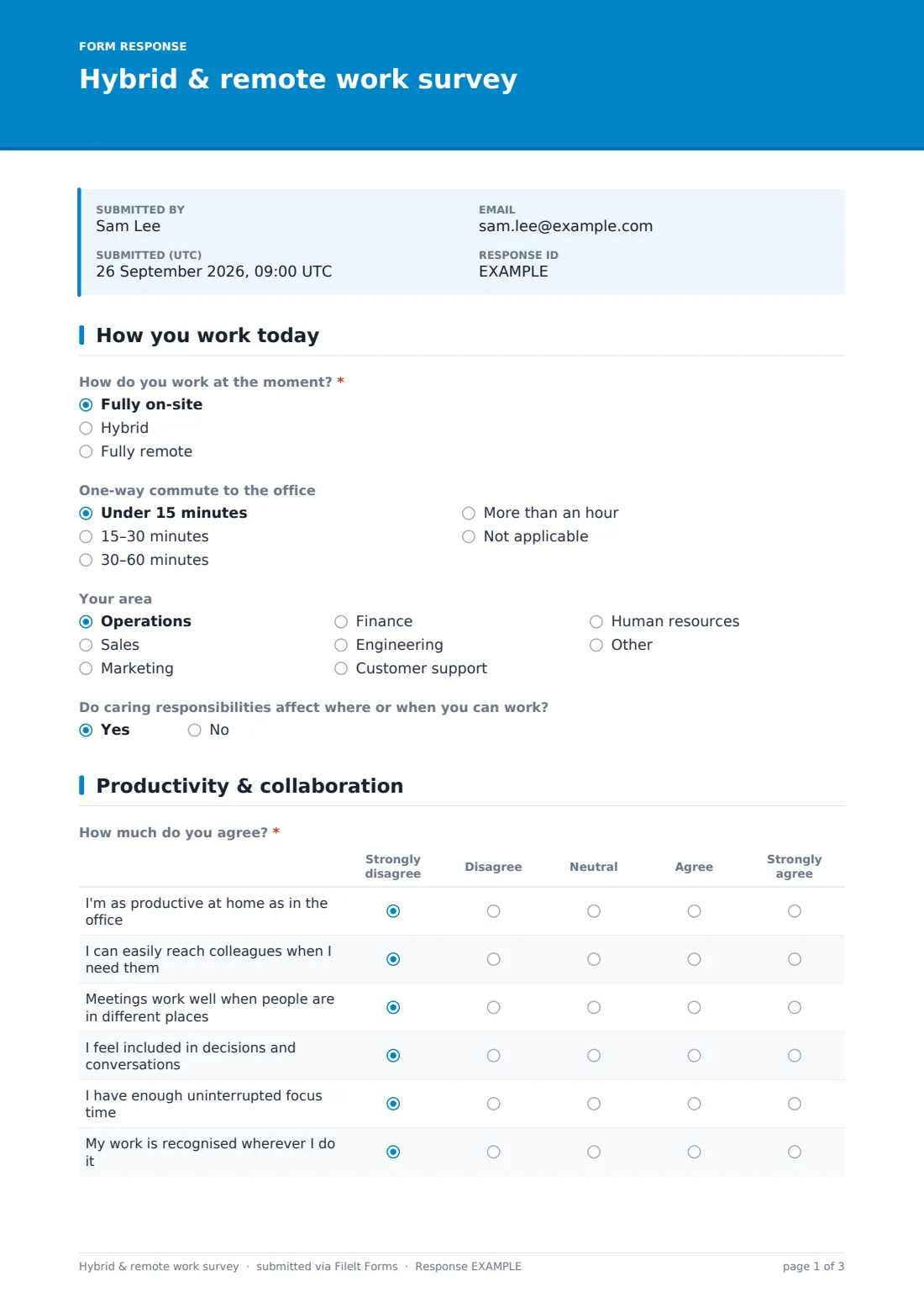 Hybrid & remote work survey — example response PDF, page 1 of 3
