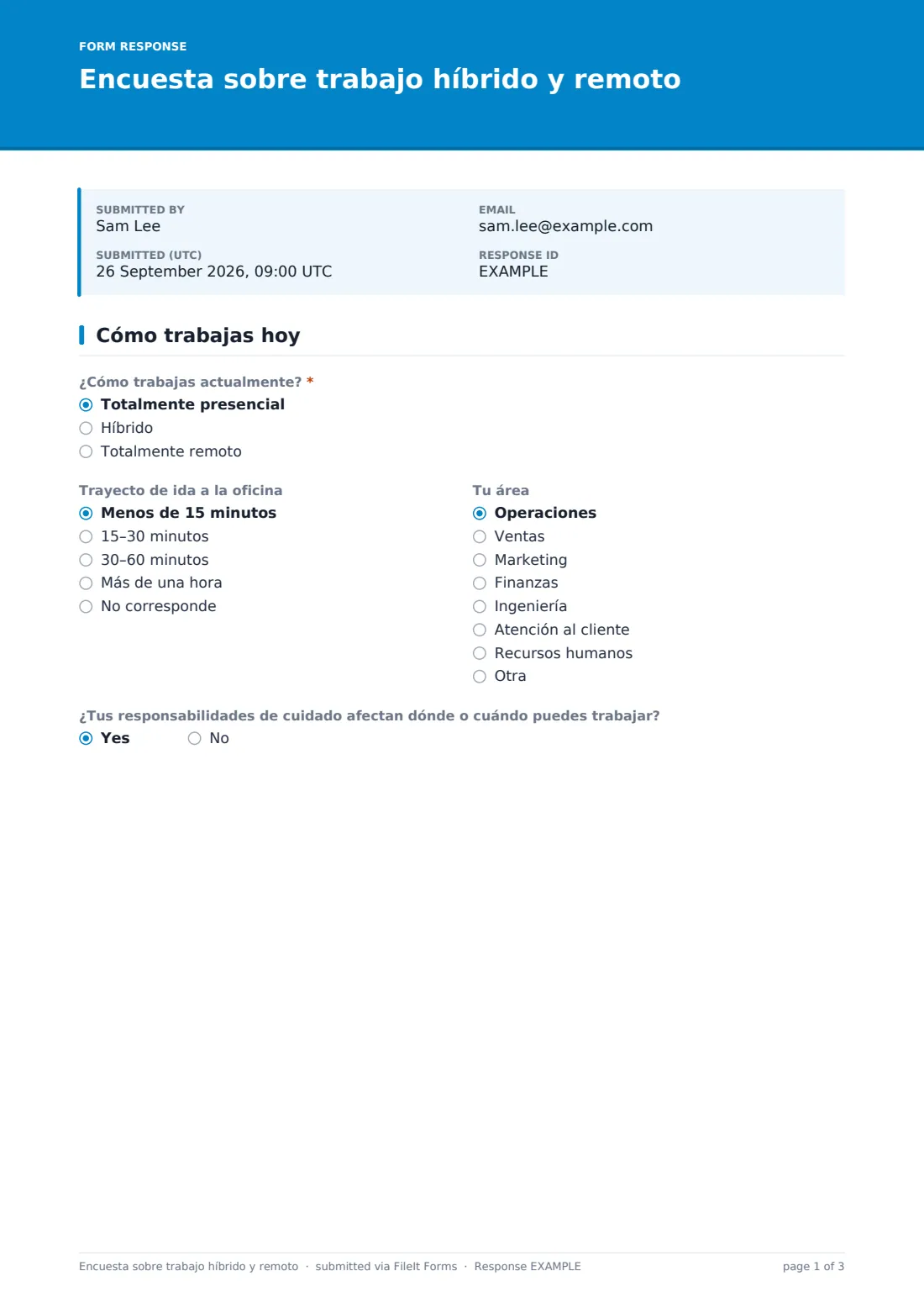 Encuesta sobre trabajo híbrido y remoto — PDF de respuesta de ejemplo, página 1 de 3