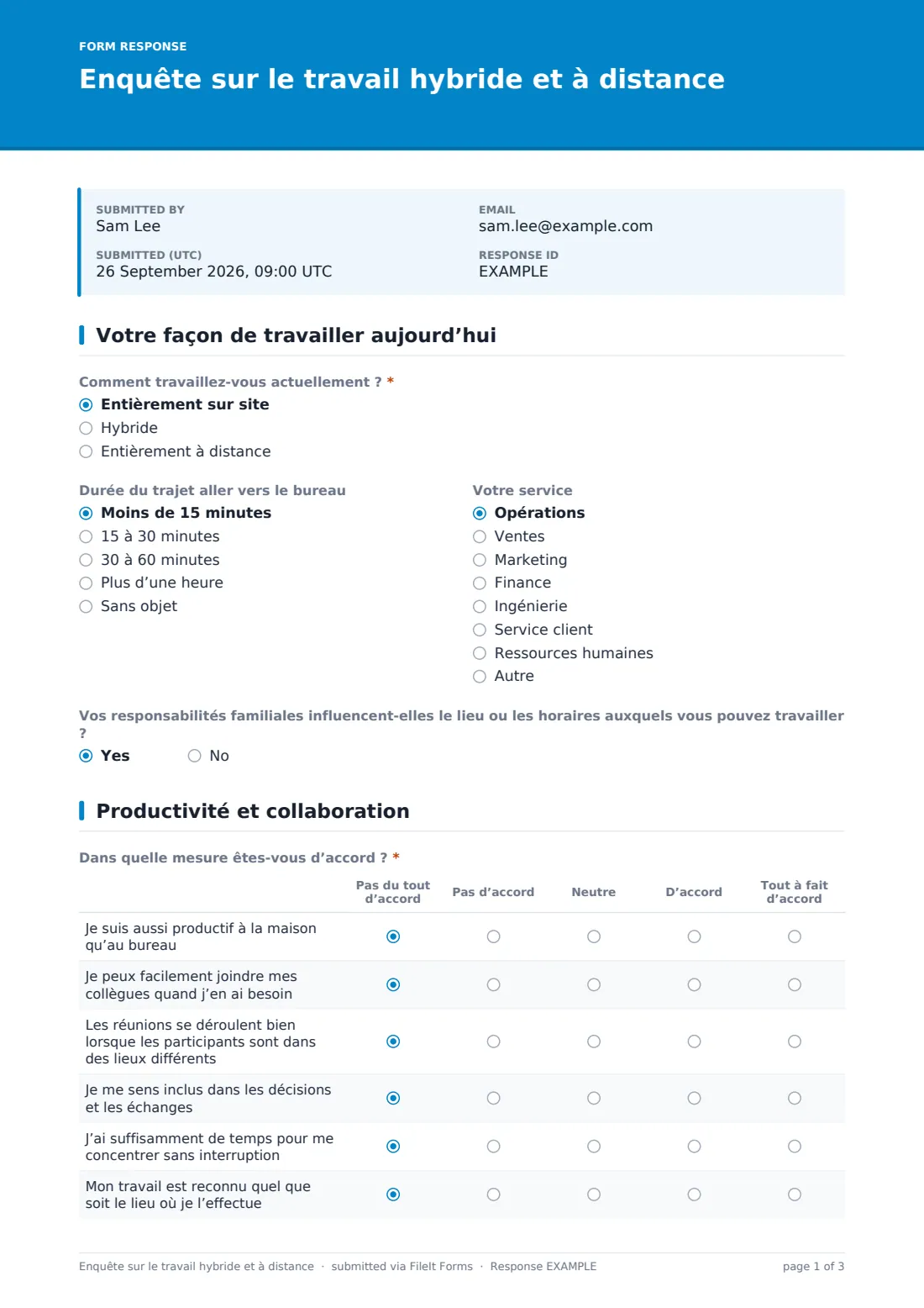 Enquête sur le travail hybride et à distance — exemple de réponse au format PDF, page 1 sur 3