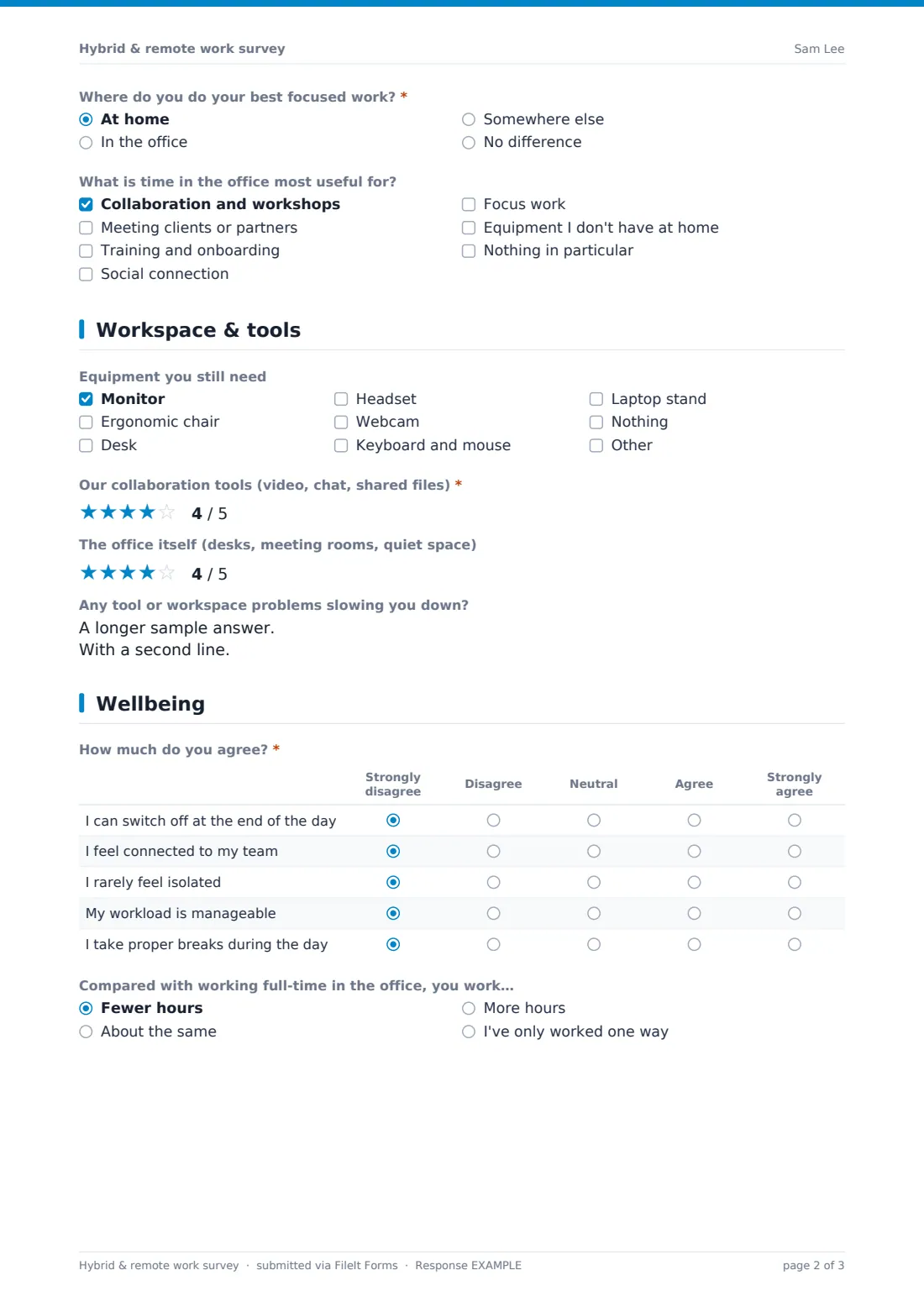 Hybrid & remote work survey — example response PDF, page 2 of 3