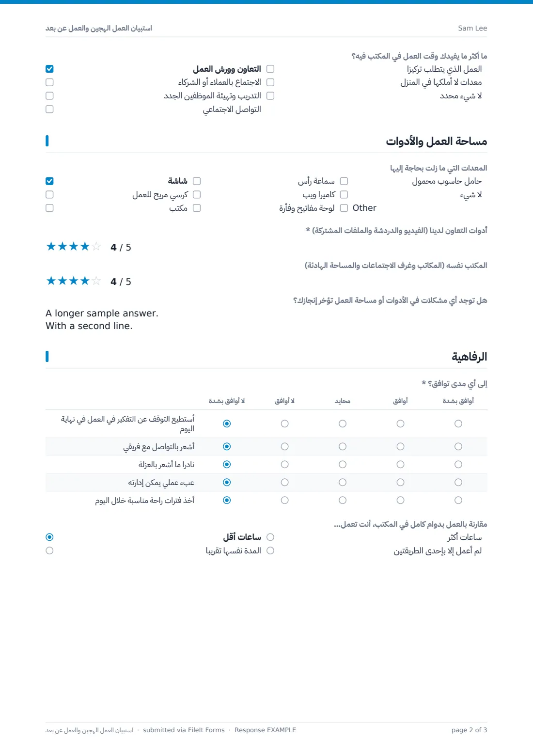 استبيان العمل الهجين والعمل عن بُعد — ملف PDF لرد نموذجي، الصفحة 2 من 3