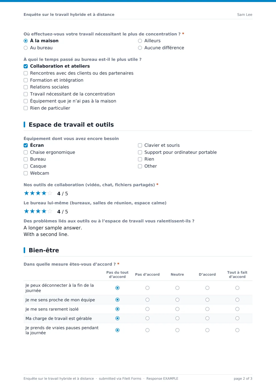 Enquête sur le travail hybride et à distance — exemple de réponse au format PDF, page 2 sur 3