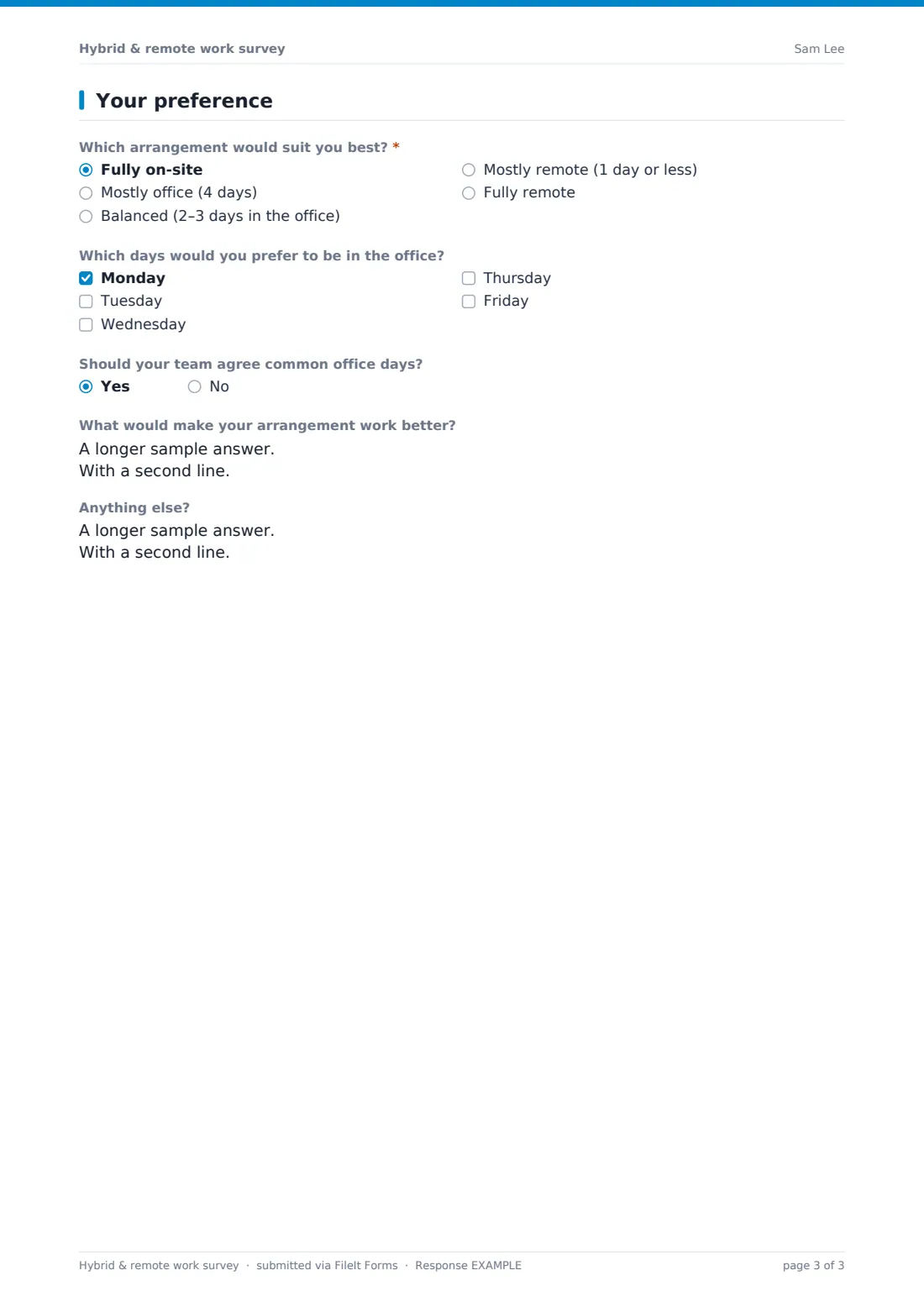Hybrid & remote work survey — example response PDF, page 3 of 3