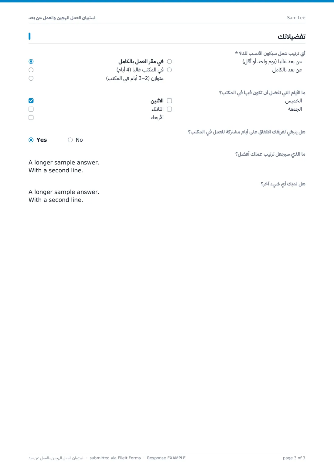 استبيان العمل الهجين والعمل عن بُعد — ملف PDF لرد نموذجي، الصفحة 3 من 3