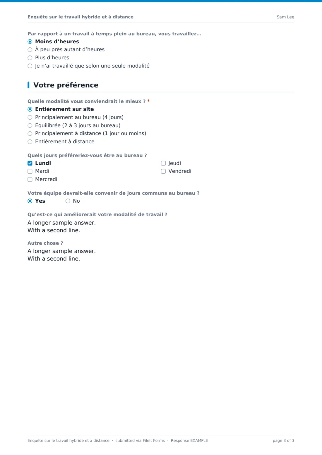 Enquête sur le travail hybride et à distance — exemple de réponse au format PDF, page 3 sur 3