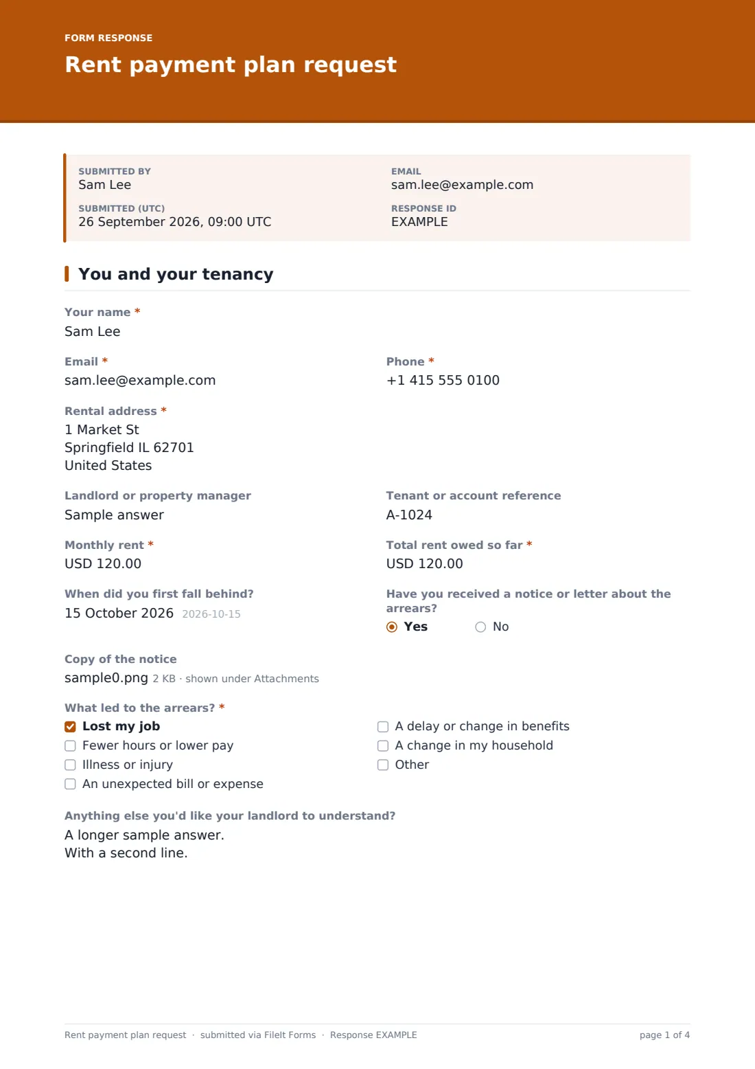 Rent payment plan request — example response PDF, page 1 of 4