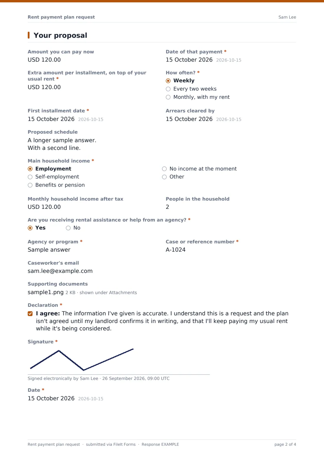Rent payment plan request — example response PDF, page 2 of 4