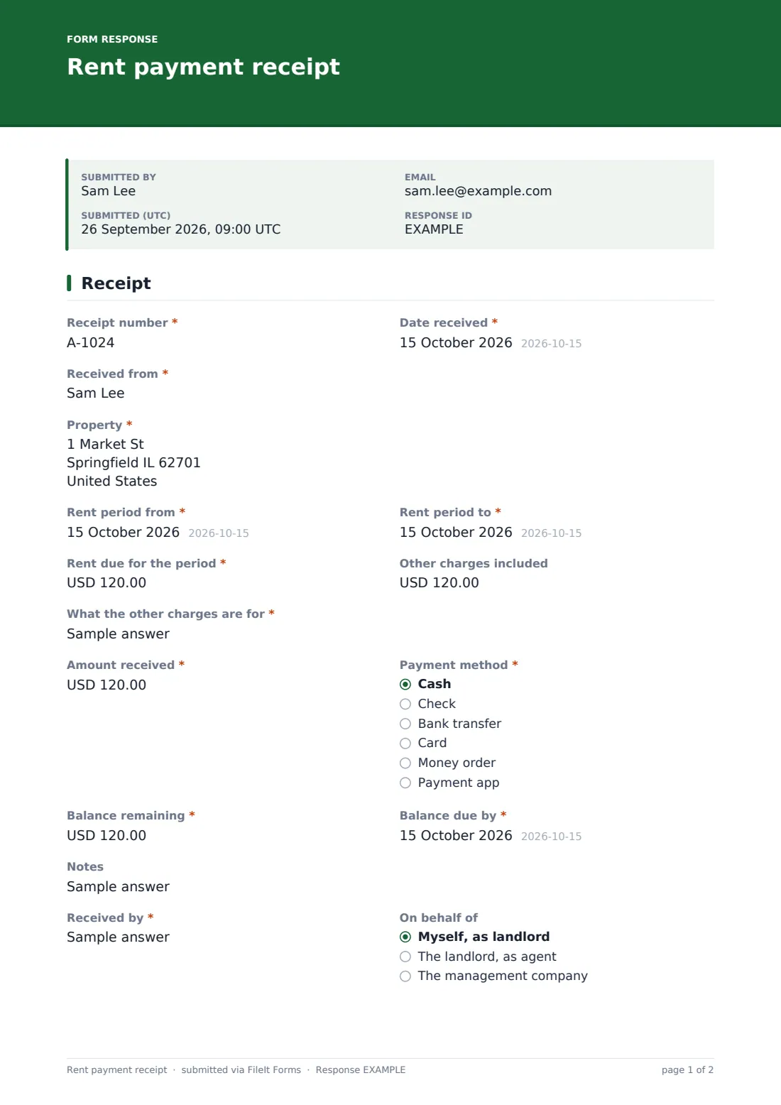 Rent payment receipt — example response PDF, page 1 of 2