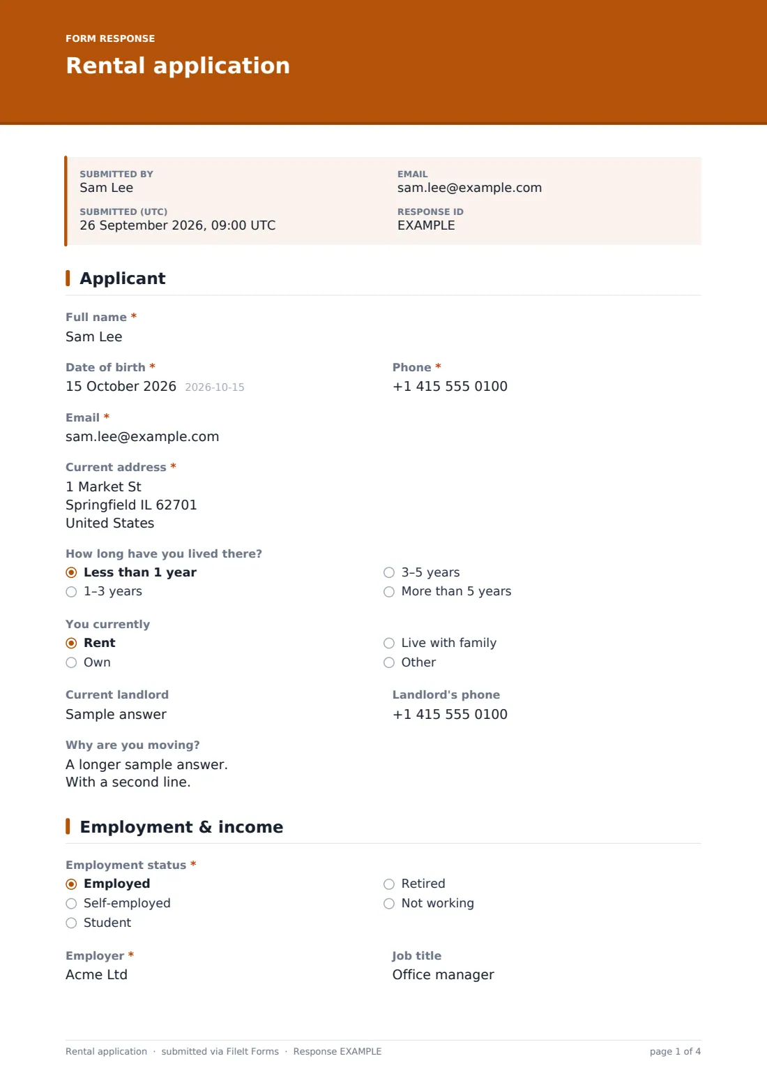 Rental application — example response PDF, page 1 of 4