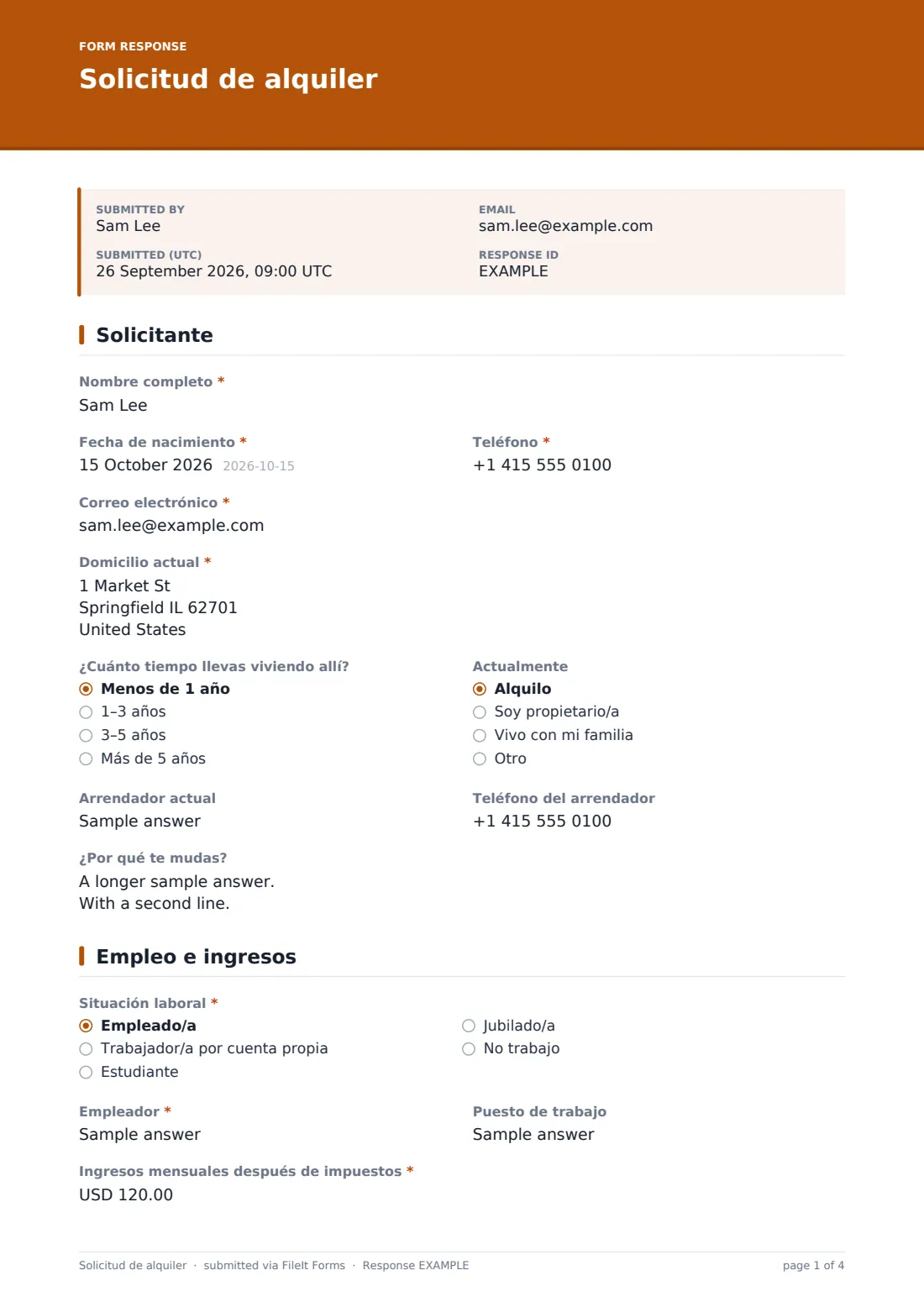 Solicitud de alquiler — PDF de respuesta de ejemplo, página 1 de 4