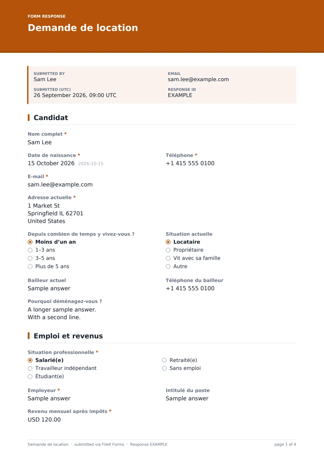 Demande de location — exemple de réponse au format PDF, page 1 sur 4