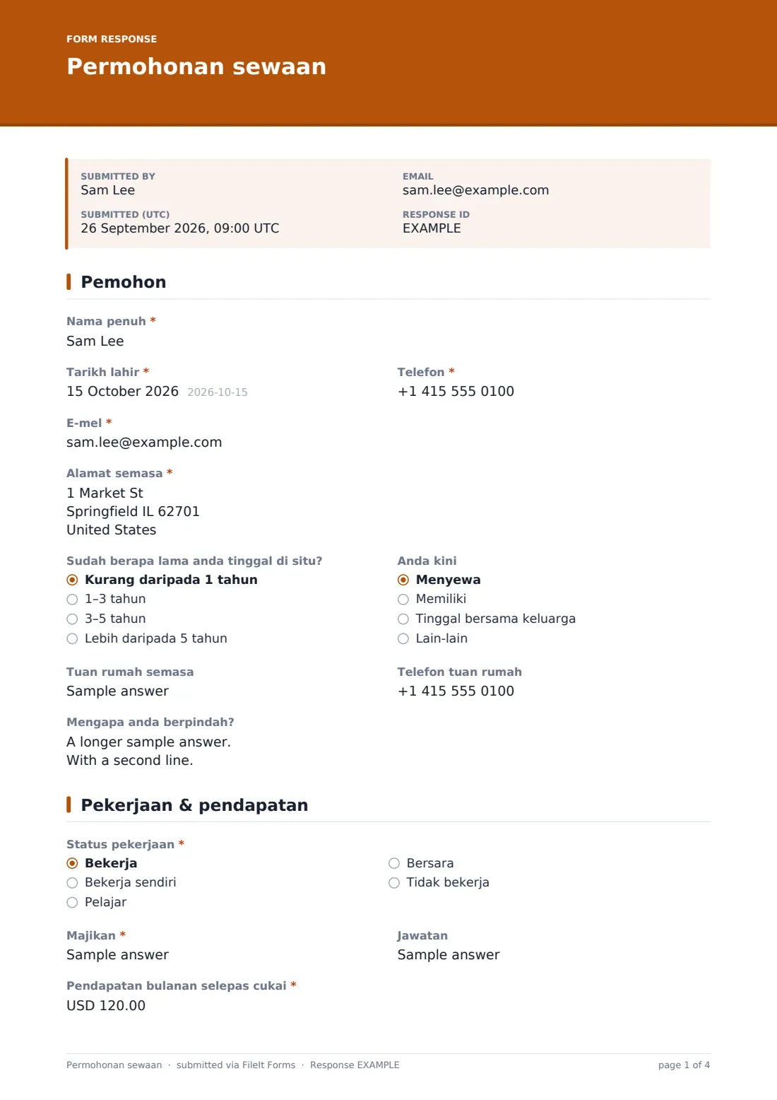 Permohonan sewaan — PDF respons contoh, halaman 1 daripada 4