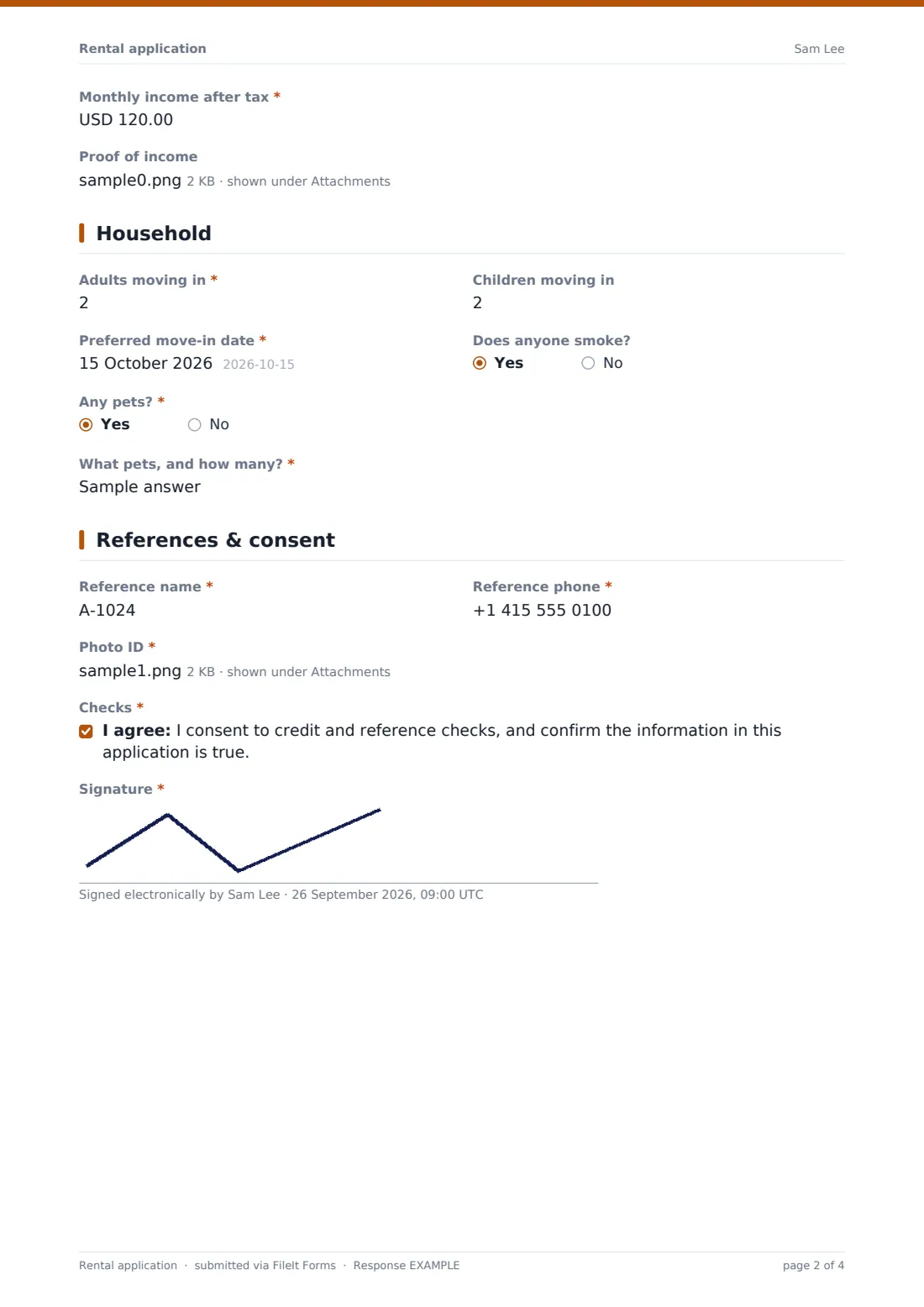 Rental application — example response PDF, page 2 of 4
