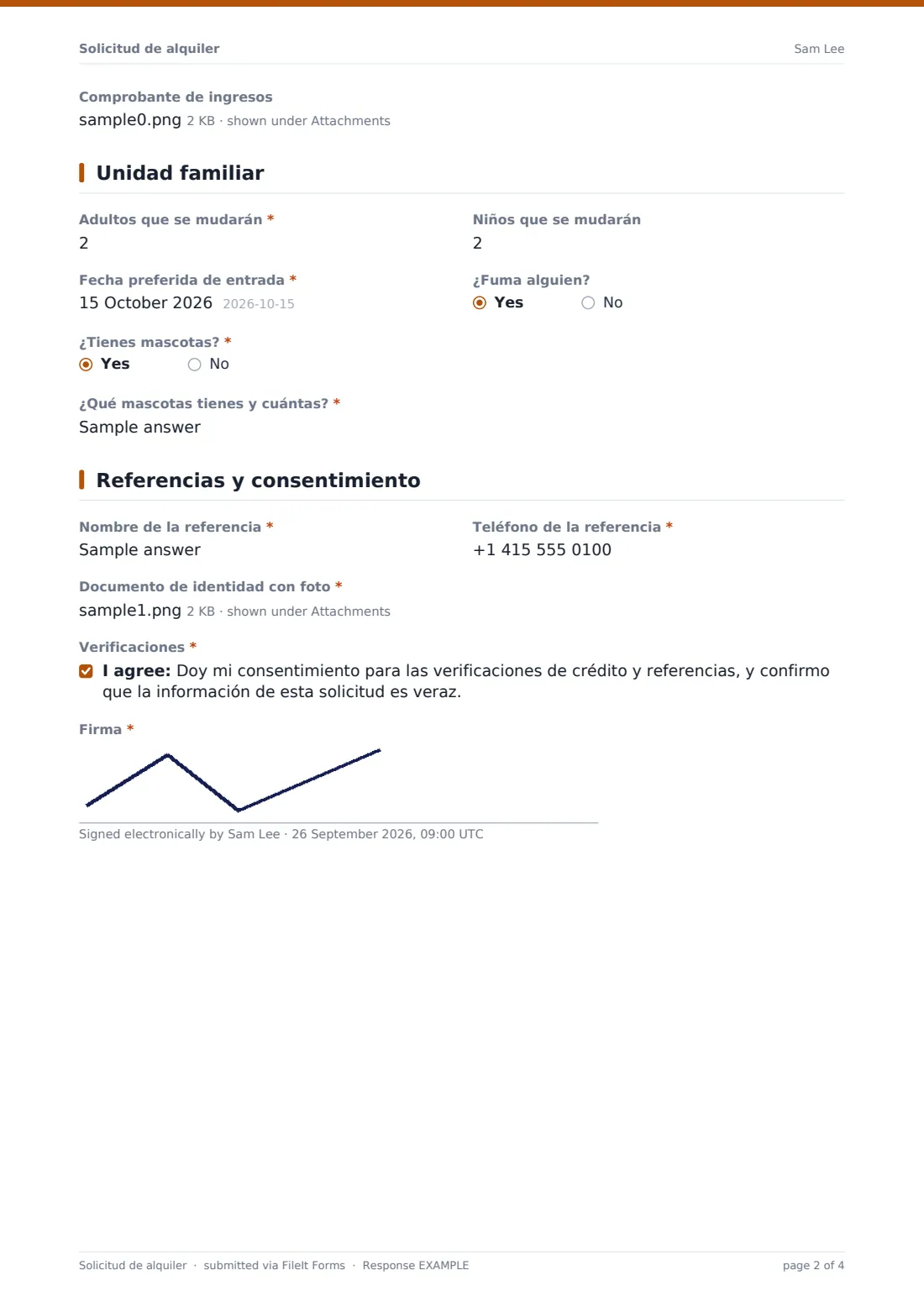 Solicitud de alquiler — PDF de respuesta de ejemplo, página 2 de 4