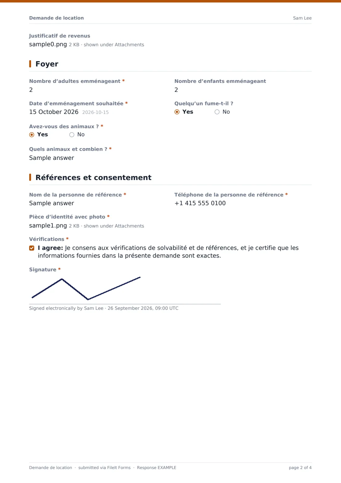 Demande de location — exemple de réponse au format PDF, page 2 sur 4