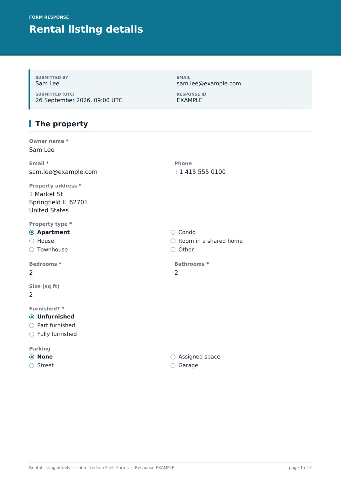 Rental listing details — example response PDF, page 1 of 3