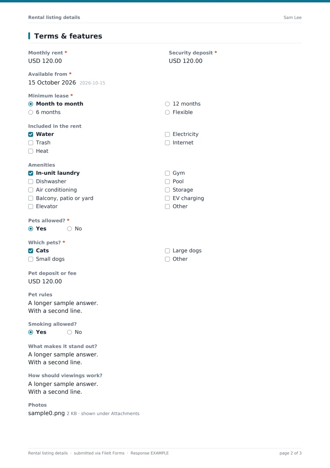 Rental listing details — example response PDF, page 2 of 3