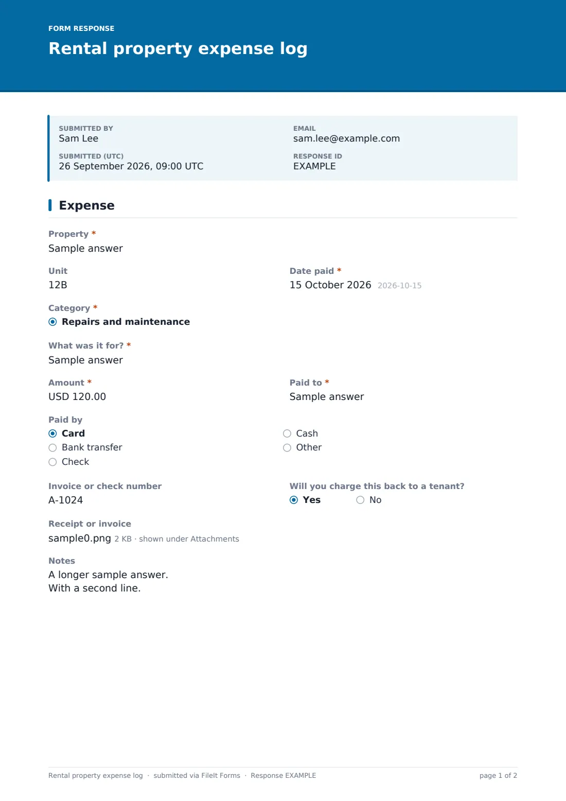 Rental property expense log — example response PDF, page 1 of 2