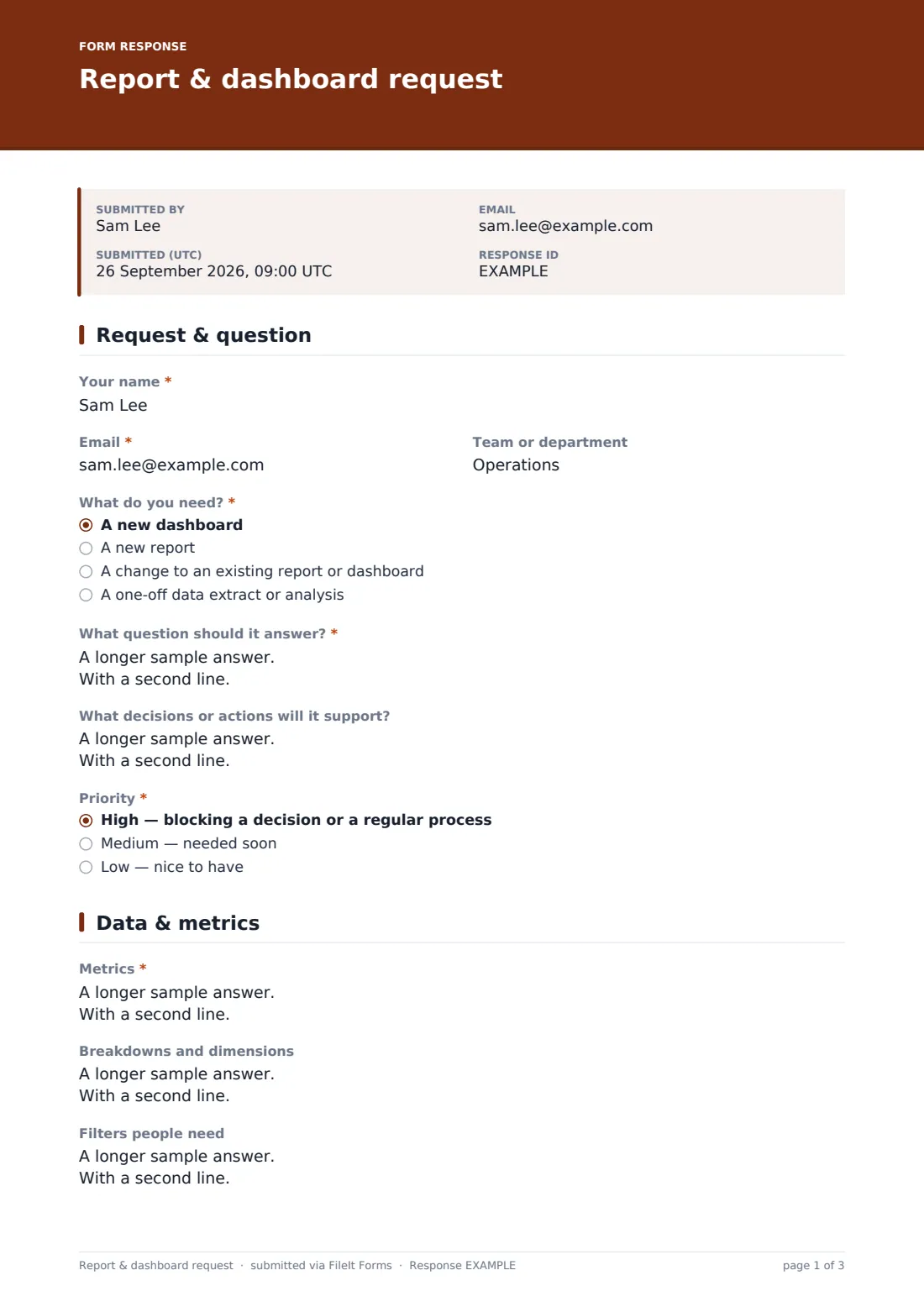 Report & dashboard request — example response PDF, page 1 of 3