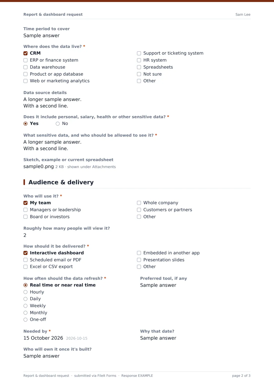 Report & dashboard request — example response PDF, page 2 of 3