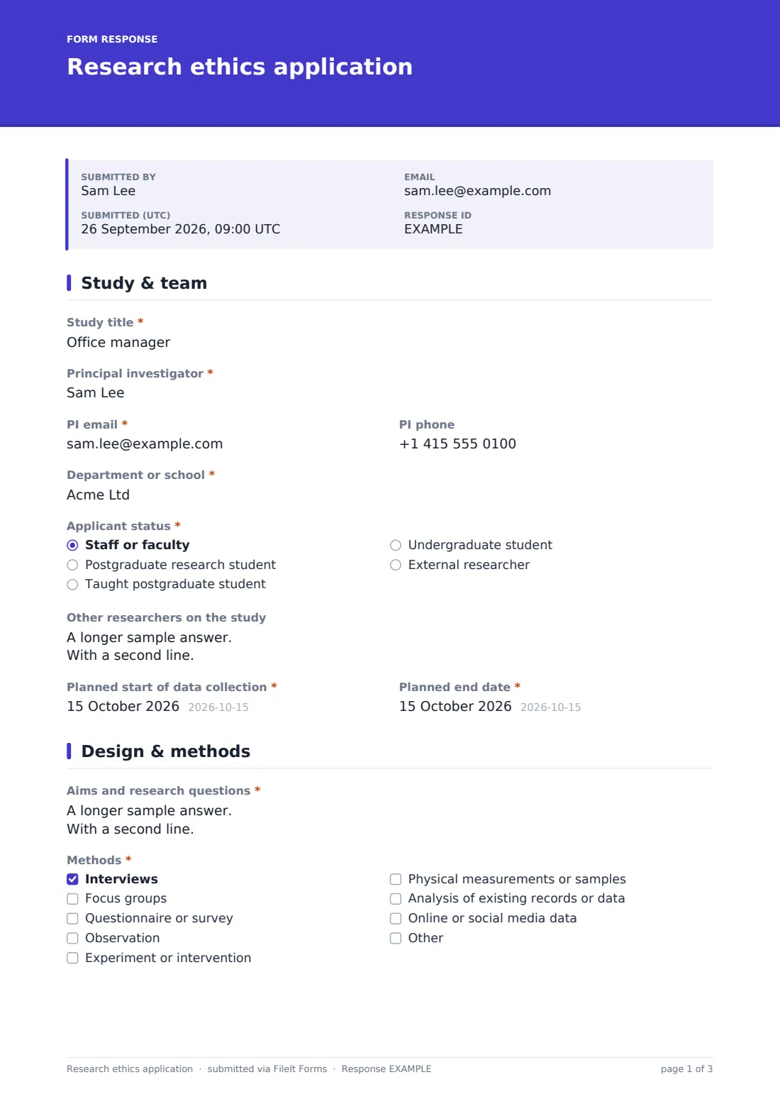 Research ethics application — example response PDF, page 1 of 3
