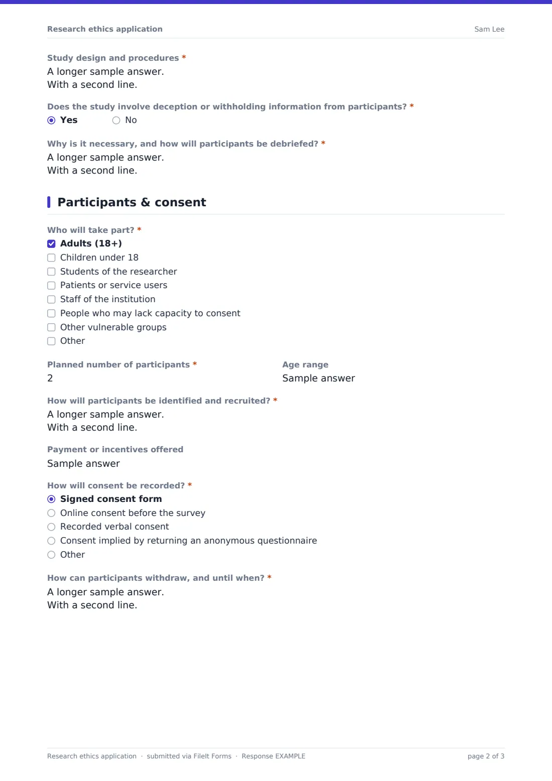 Research ethics application — example response PDF, page 2 of 3