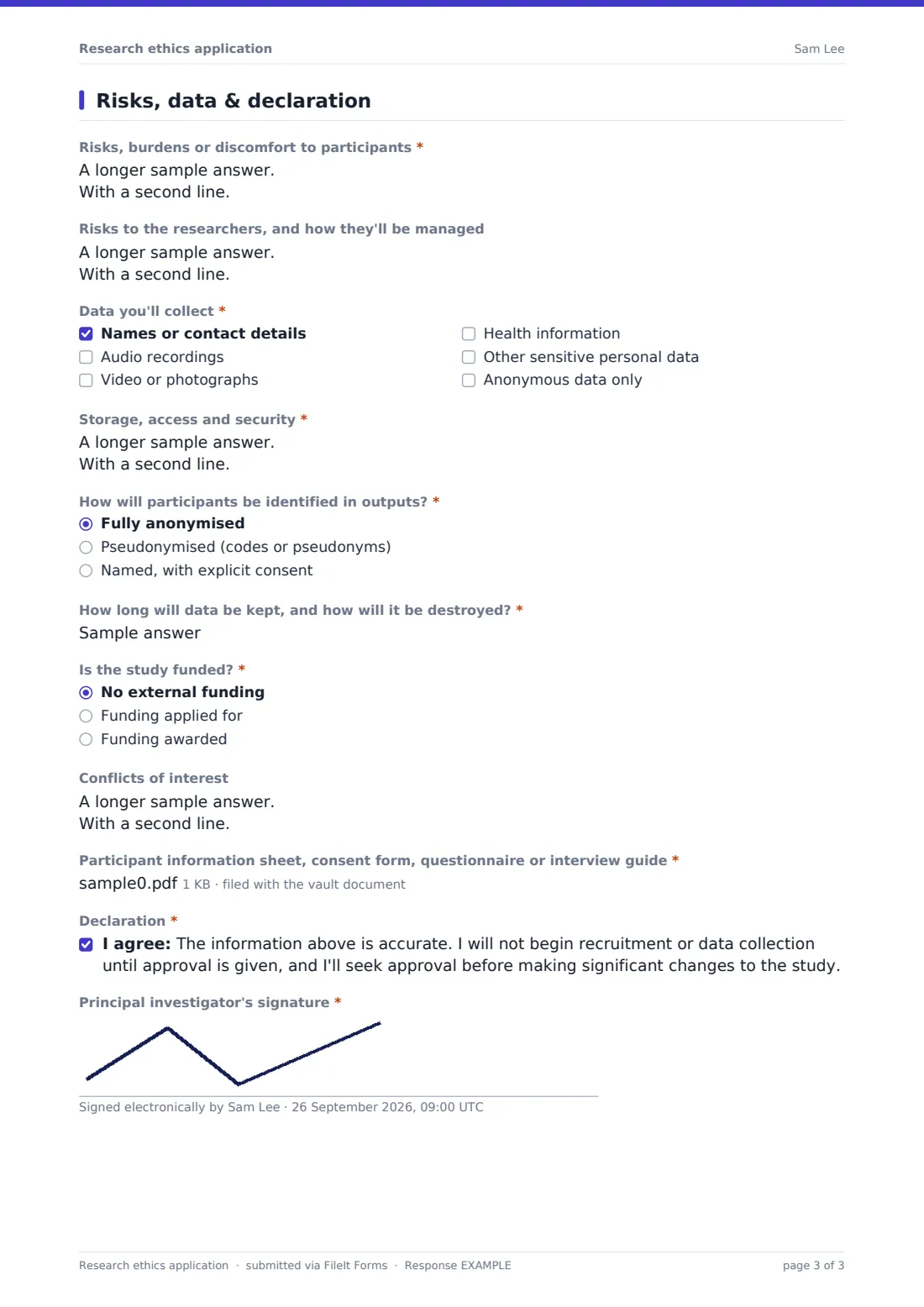 Research ethics application — example response PDF, page 3 of 3
