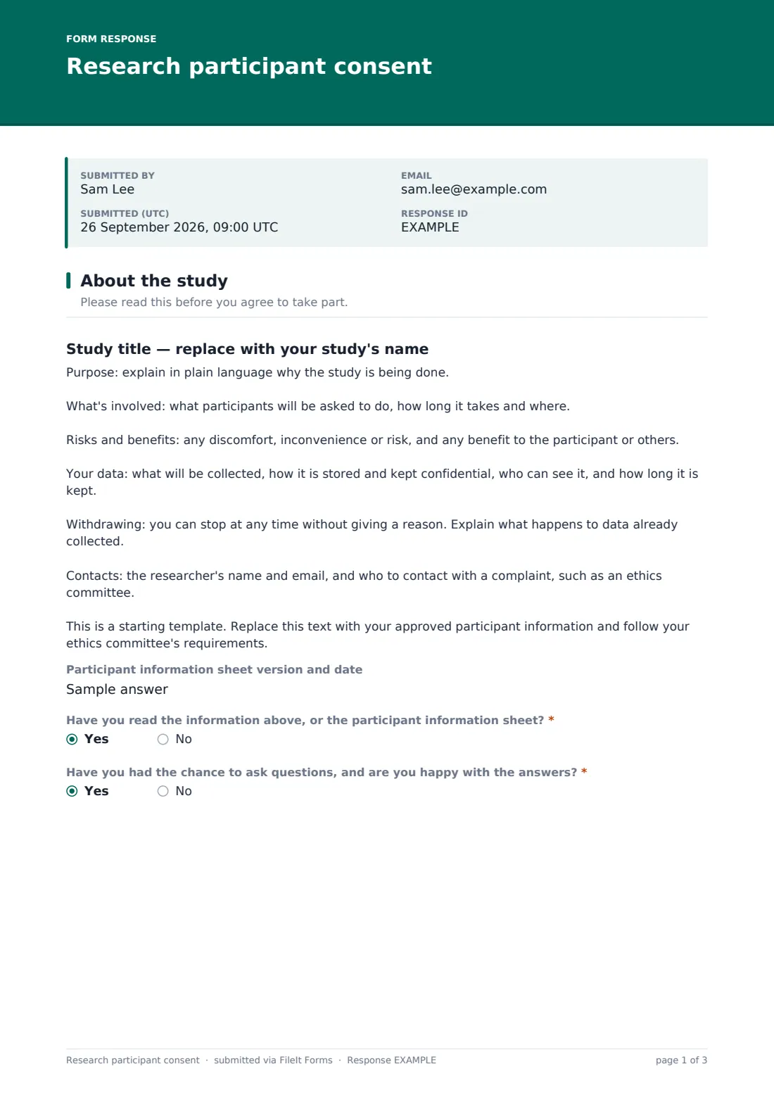 Research participant consent — example response PDF, page 1 of 3