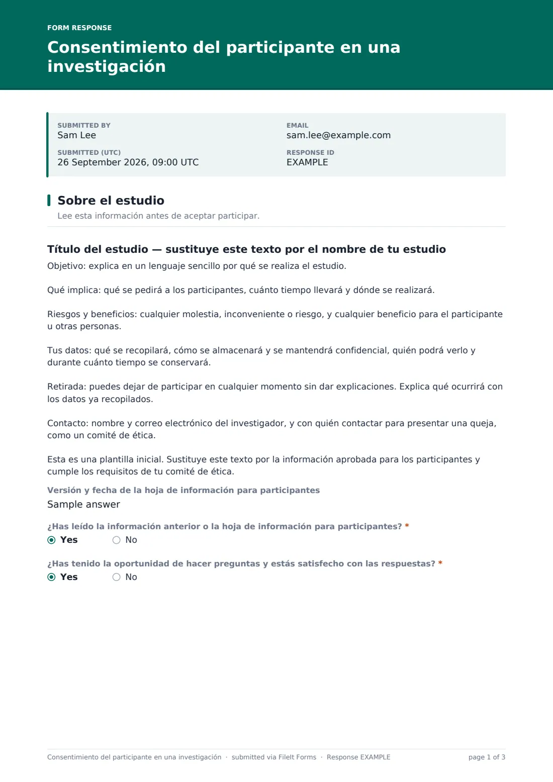 Consentimiento del participante en una investigación — PDF de respuesta de ejemplo, página 1 de 3
