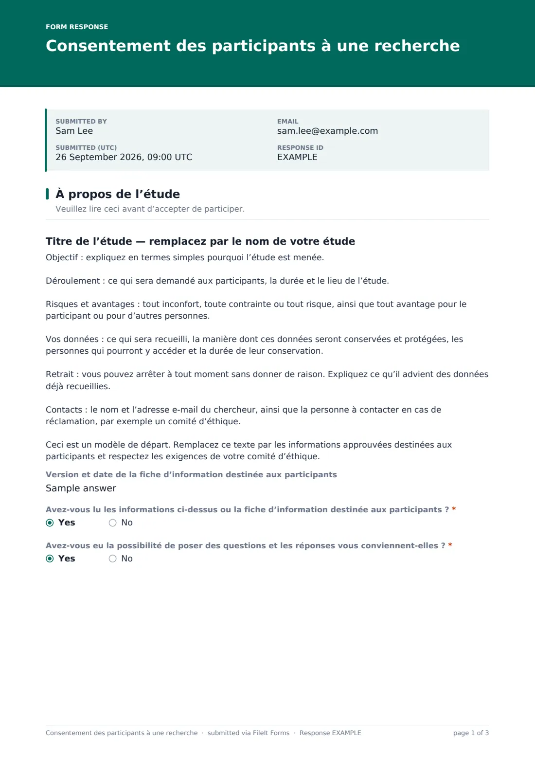 Consentement des participants à une recherche — exemple de réponse au format PDF, page 1 sur 3
