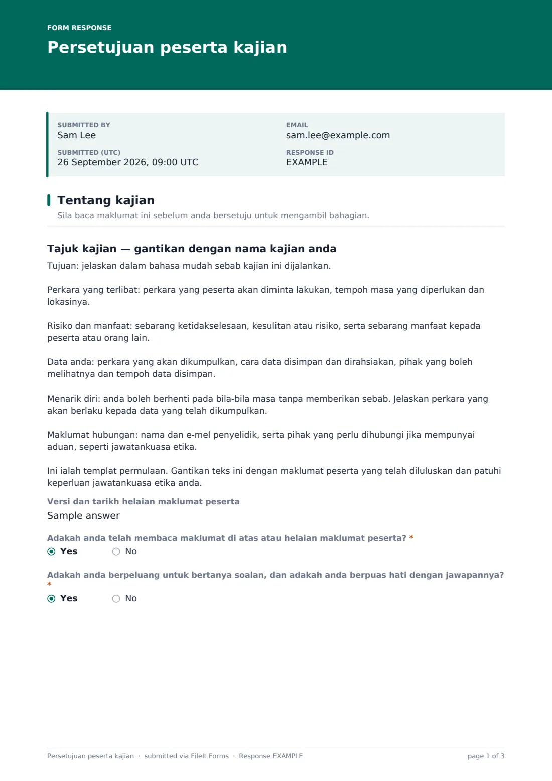 Persetujuan peserta kajian — PDF respons contoh, halaman 1 daripada 3