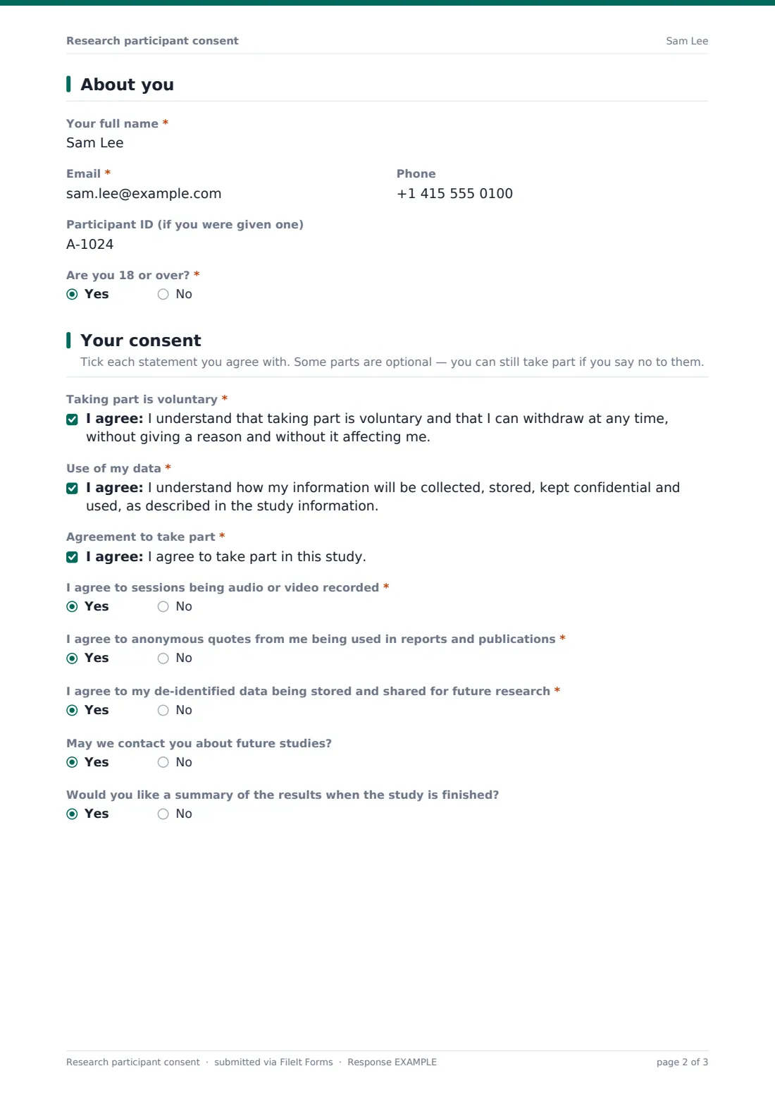 Research participant consent — example response PDF, page 2 of 3