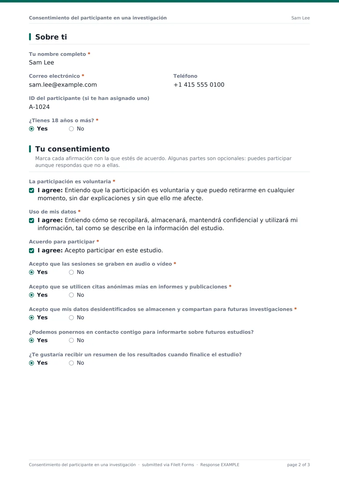 Consentimiento del participante en una investigación — PDF de respuesta de ejemplo, página 2 de 3