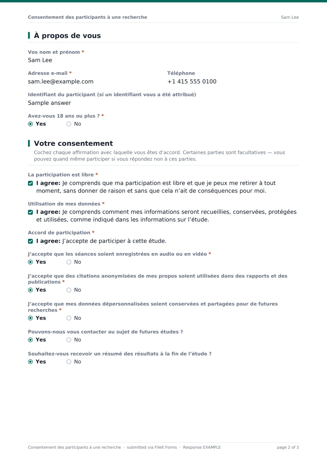 Consentement des participants à une recherche — exemple de réponse au format PDF, page 2 sur 3