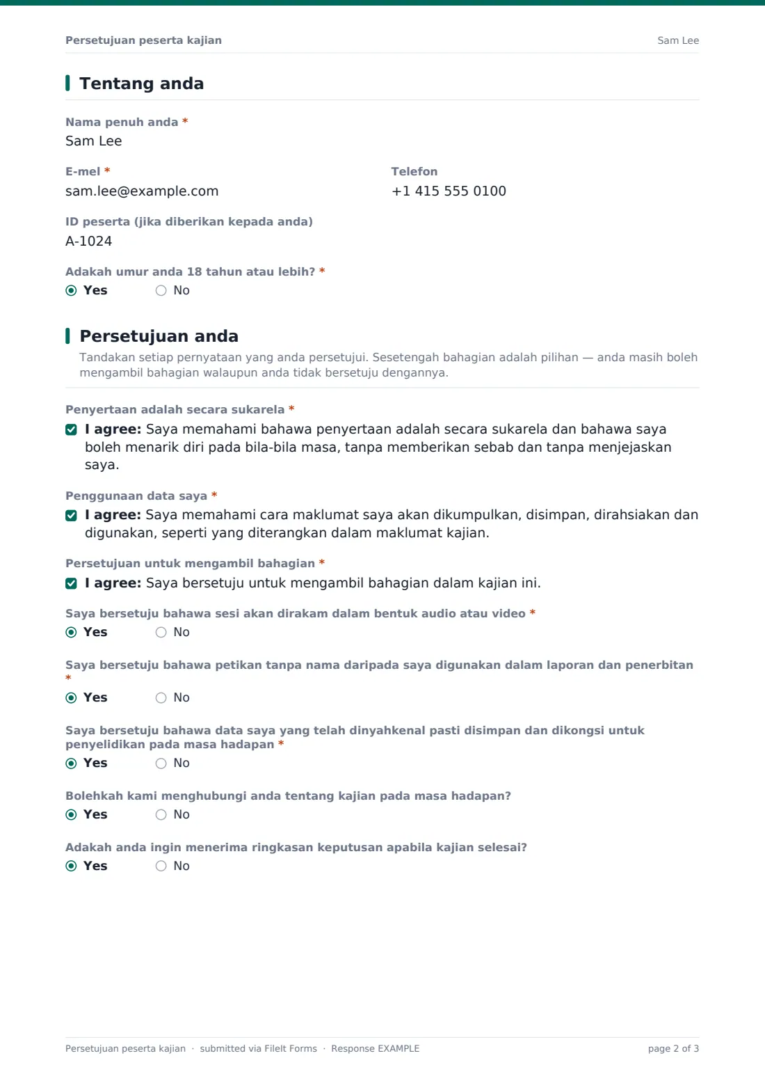 Persetujuan peserta kajian — PDF respons contoh, halaman 2 daripada 3