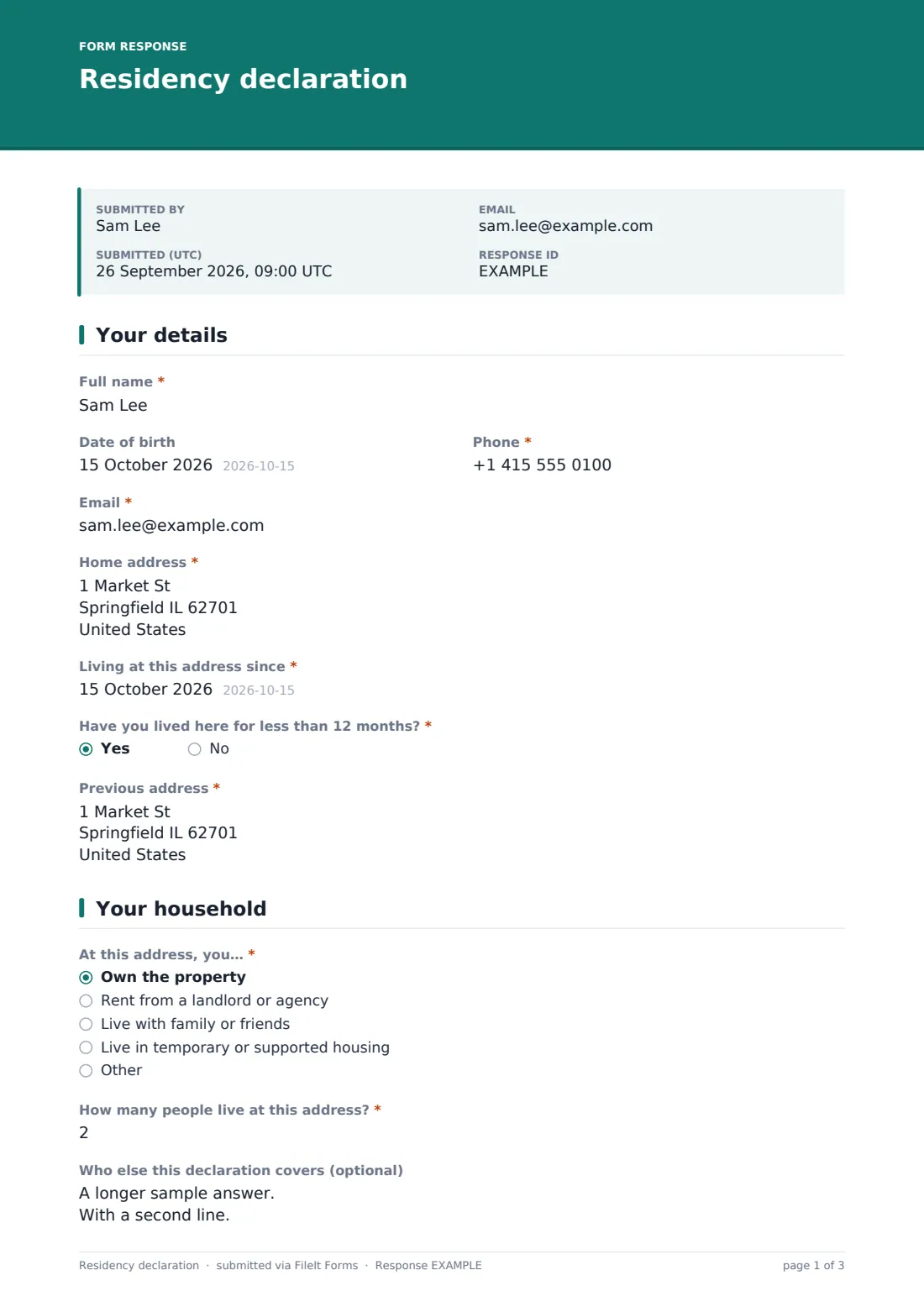 Residency declaration — example response PDF, page 1 of 3