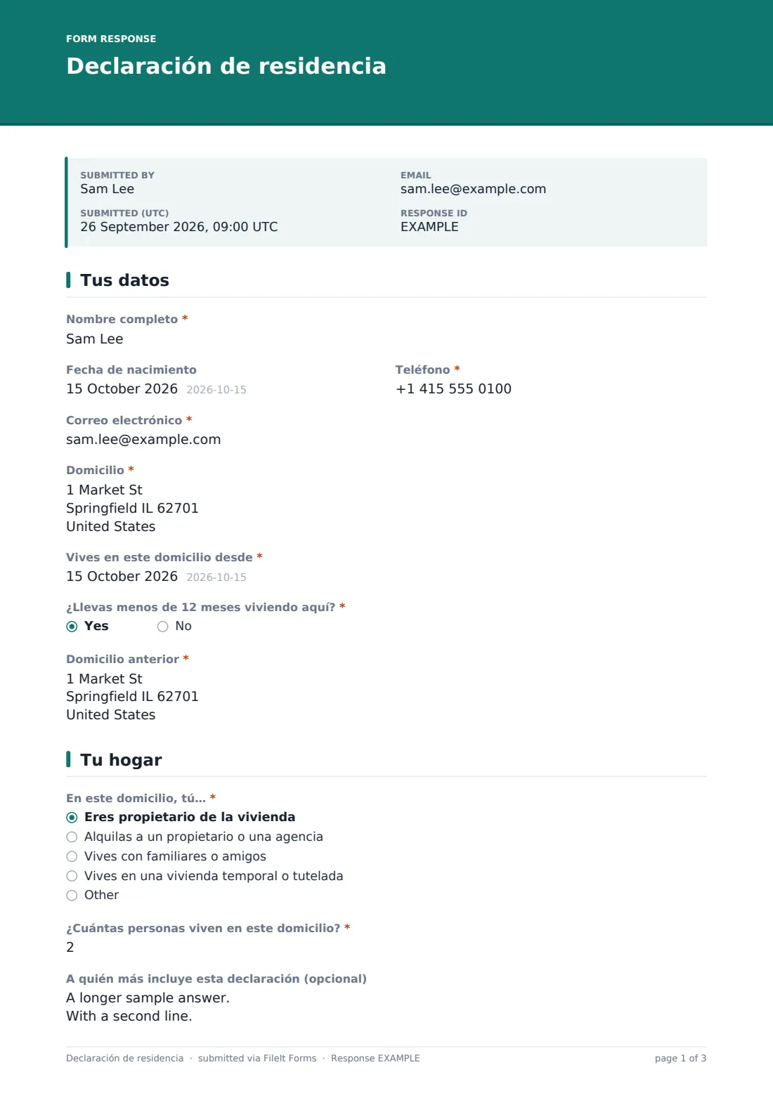 Declaración de residencia — PDF de respuesta de ejemplo, página 1 de 3