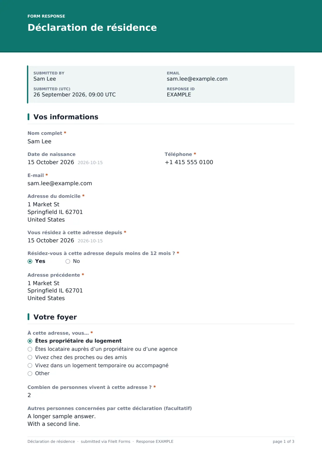 Déclaration de résidence — exemple de réponse au format PDF, page 1 sur 3