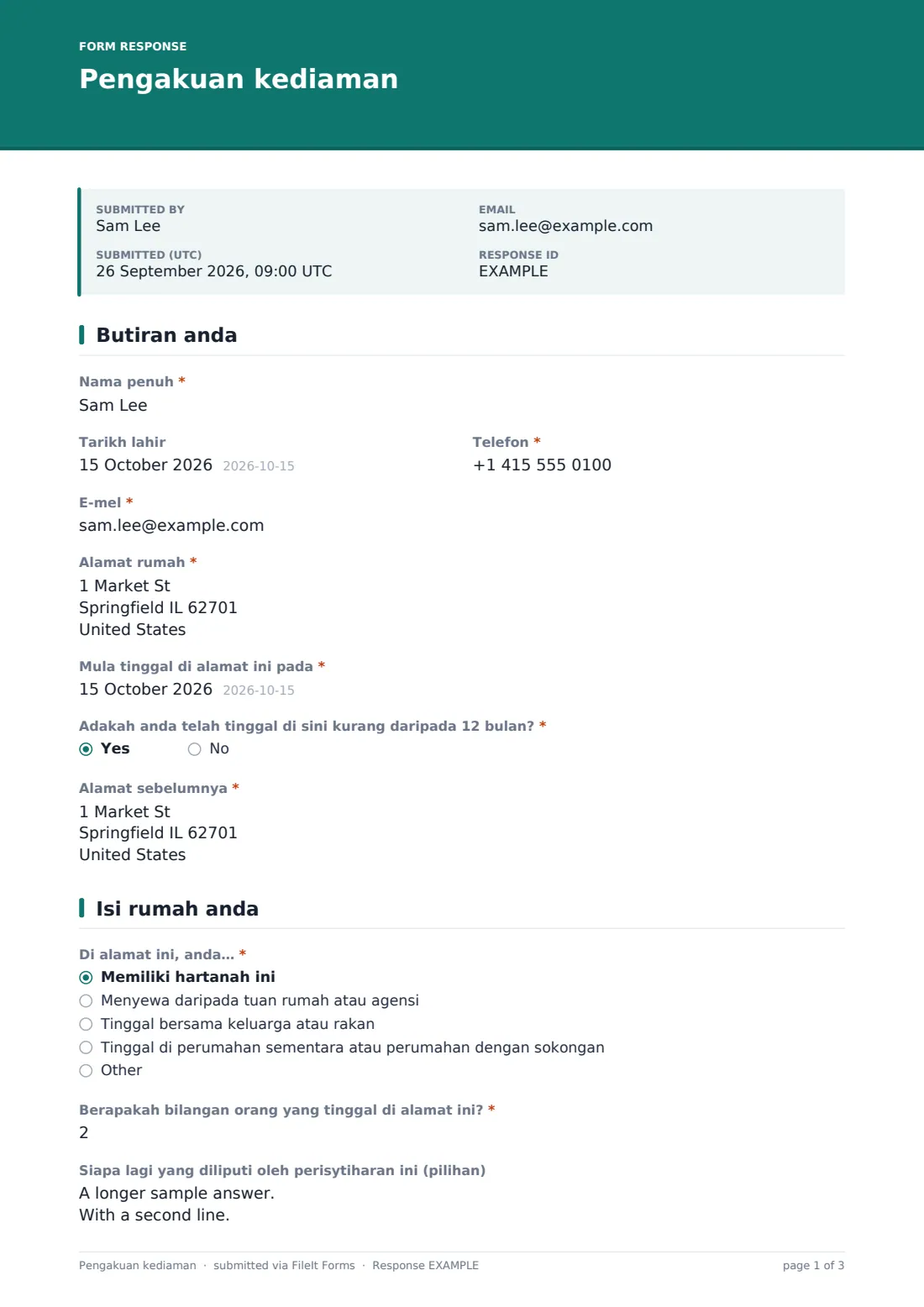 Pengakuan kediaman — PDF respons contoh, halaman 1 daripada 3