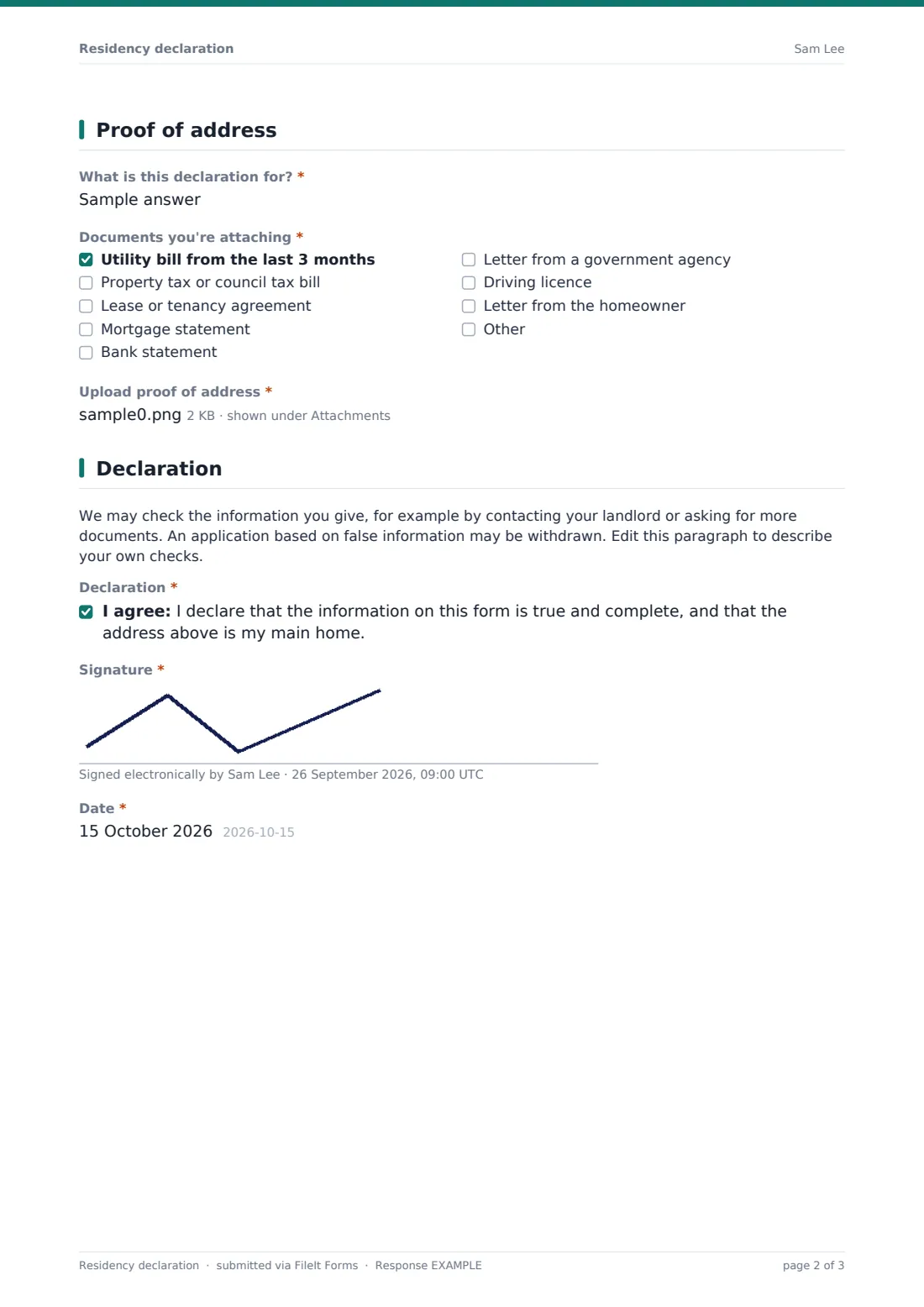 Residency declaration — example response PDF, page 2 of 3