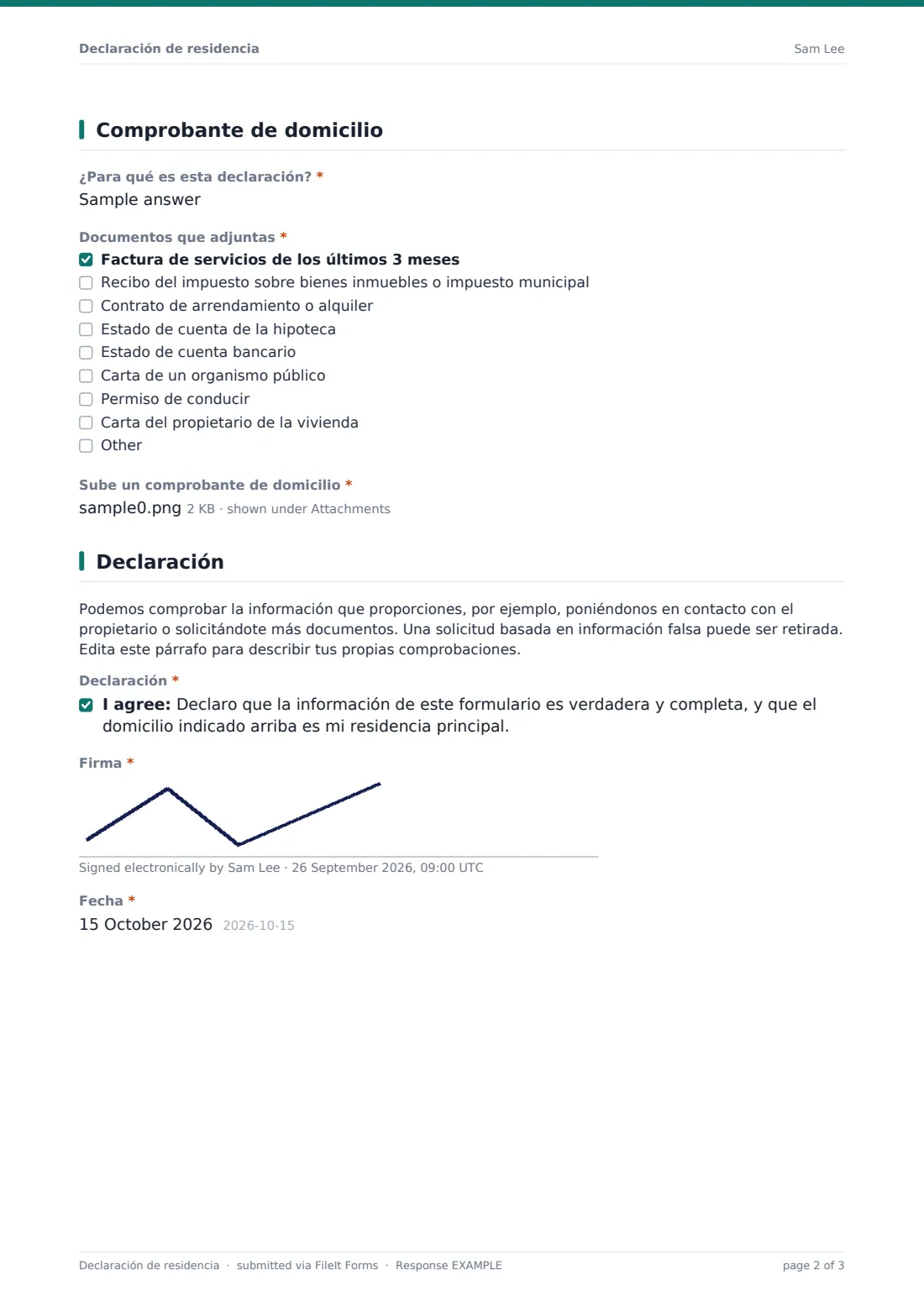Declaración de residencia — PDF de respuesta de ejemplo, página 2 de 3