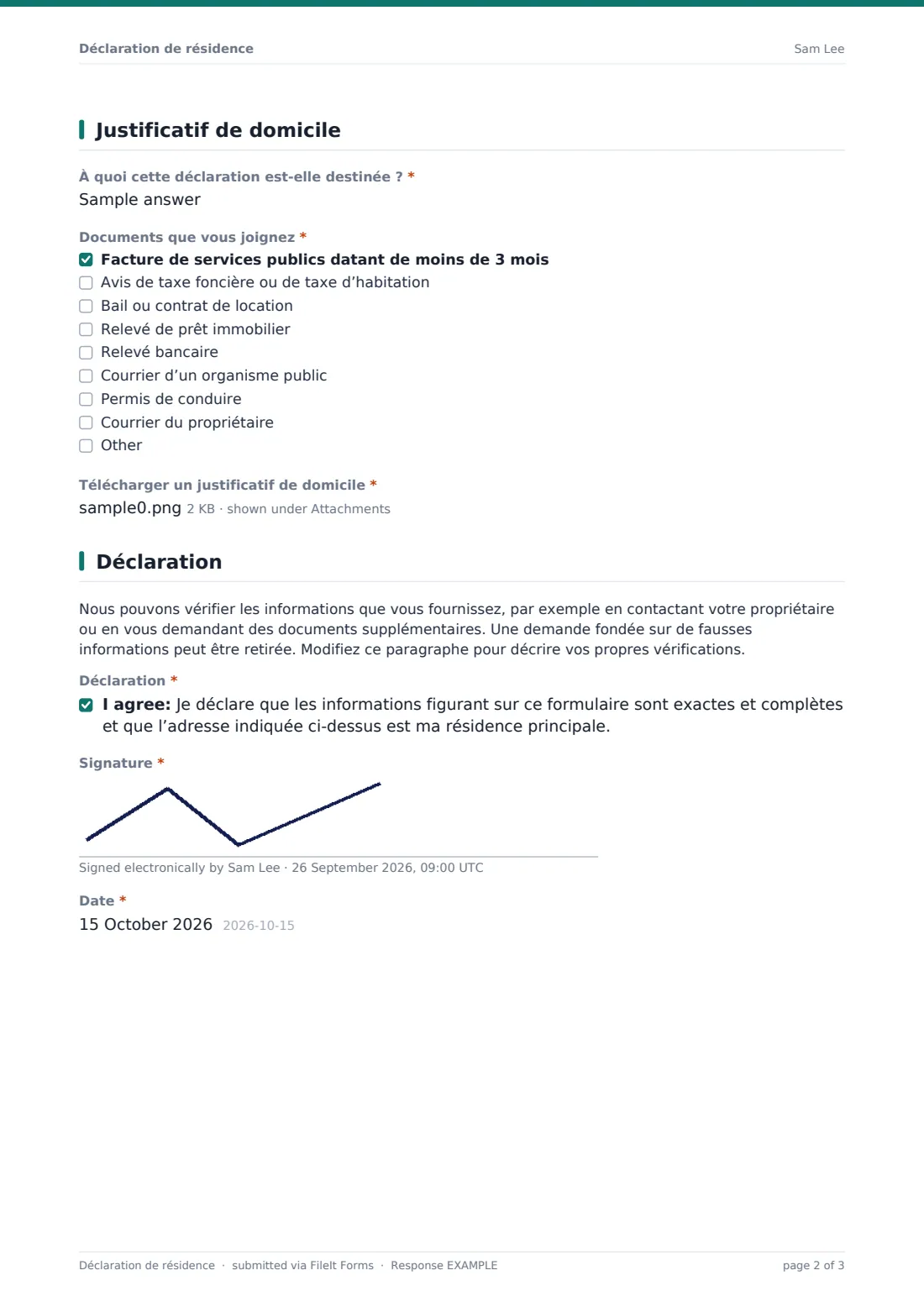Déclaration de résidence — exemple de réponse au format PDF, page 2 sur 3