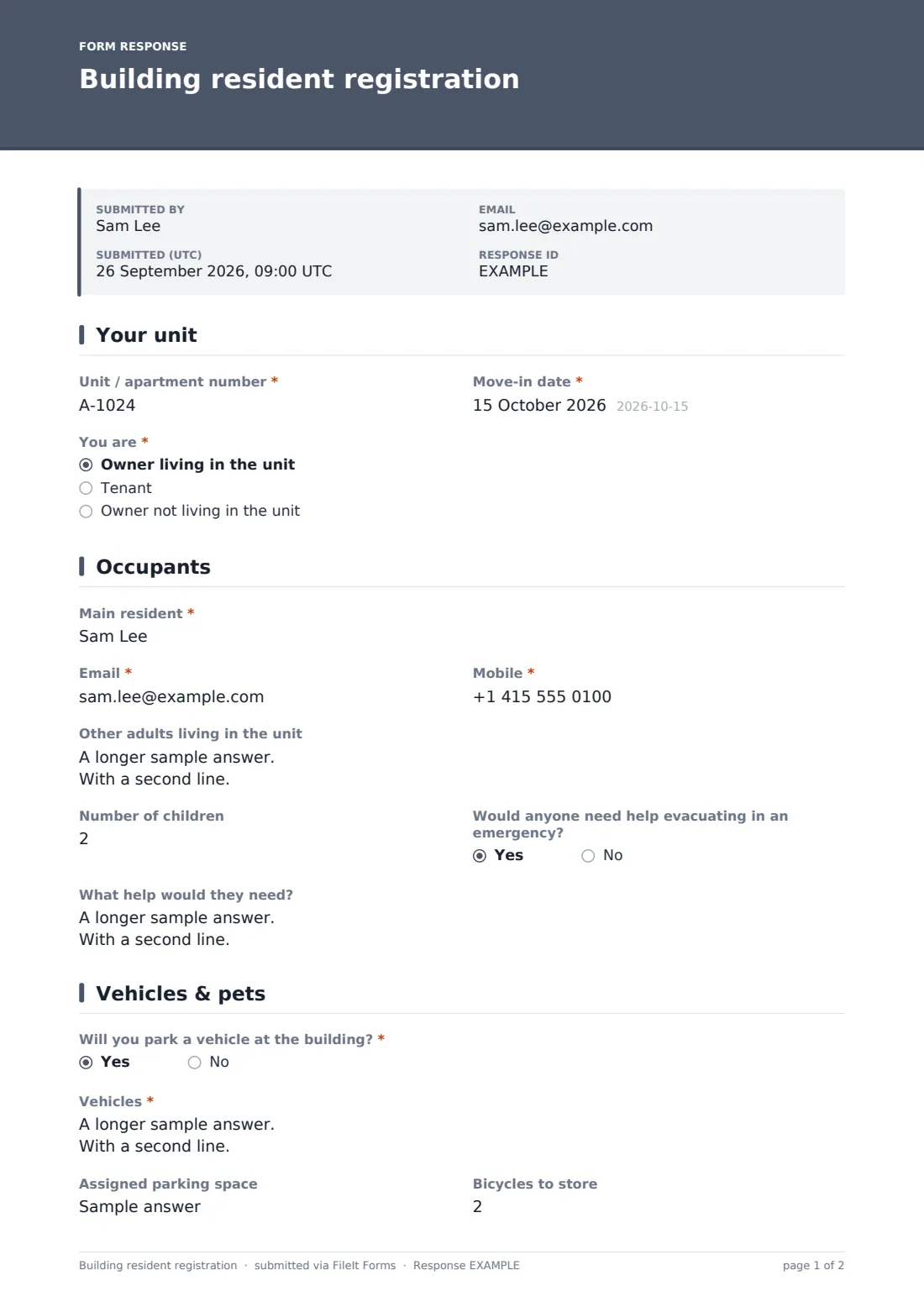 Building resident registration — example response PDF, page 1 of 2