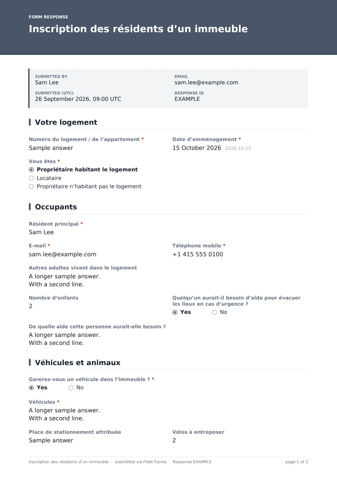 Inscription des résidents d’un immeuble — exemple de réponse au format PDF, page 1 sur 2